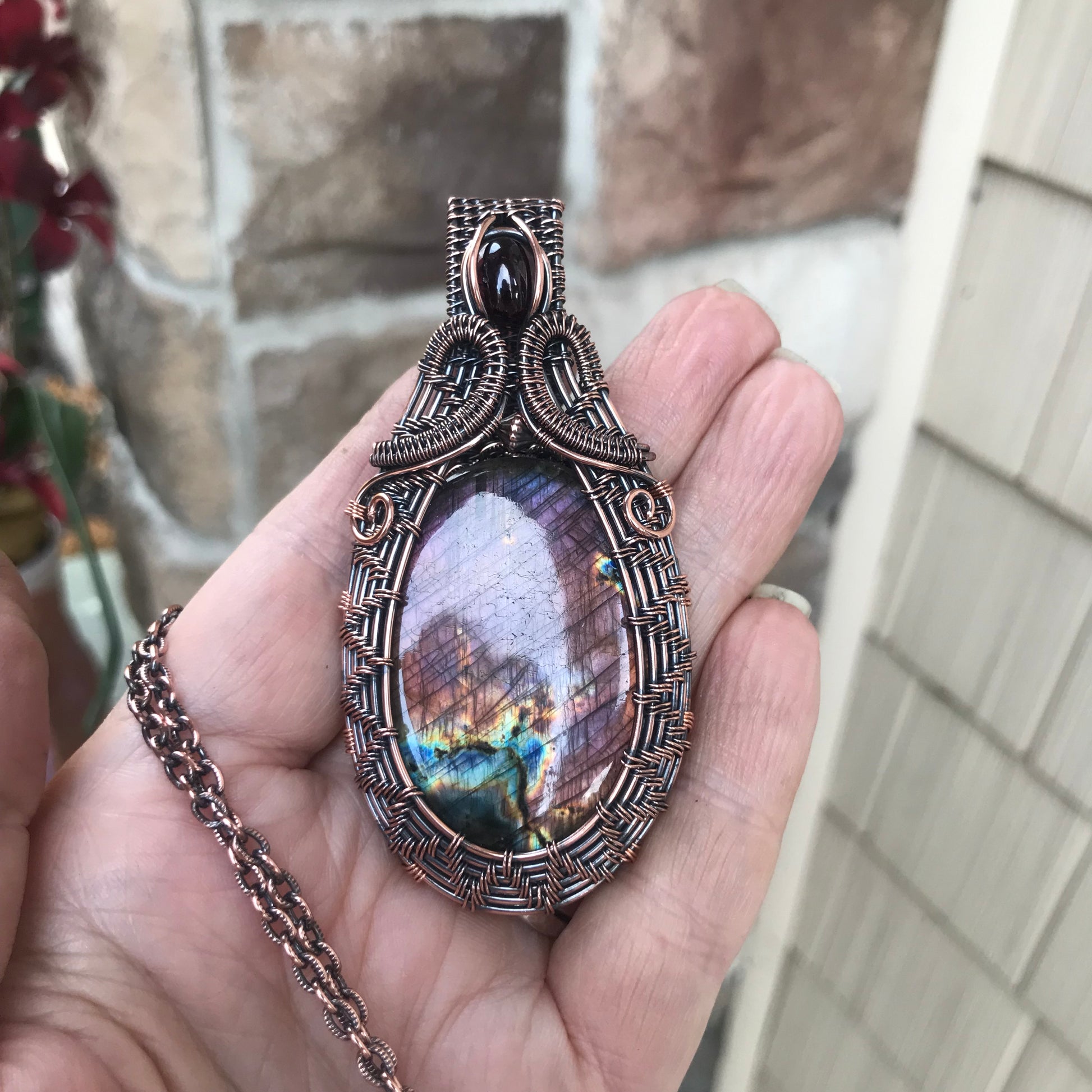 Purple Pink Labradorite with Garnet Woven Copper Pendant
