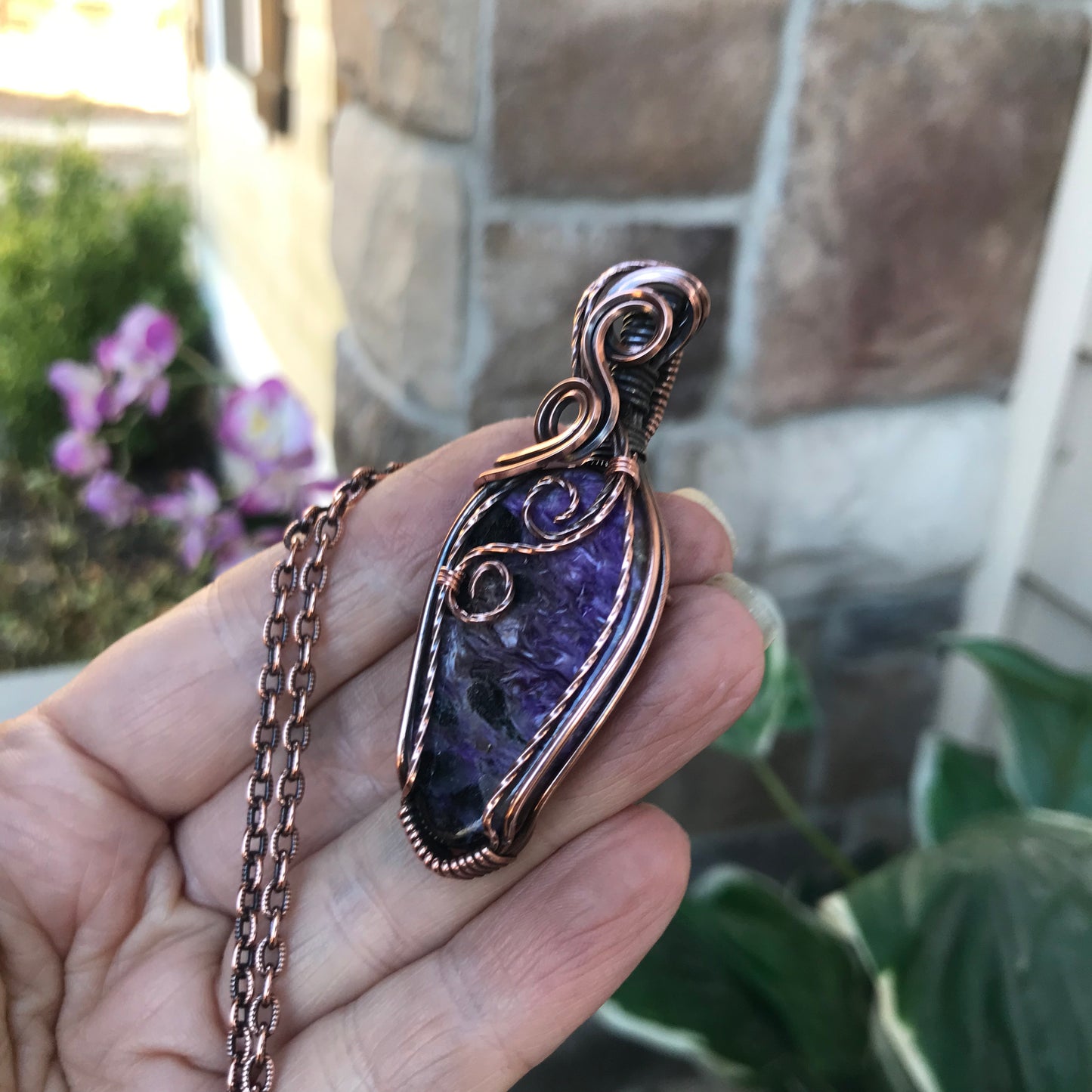Charoite Copper Necklace with Textured Swirls