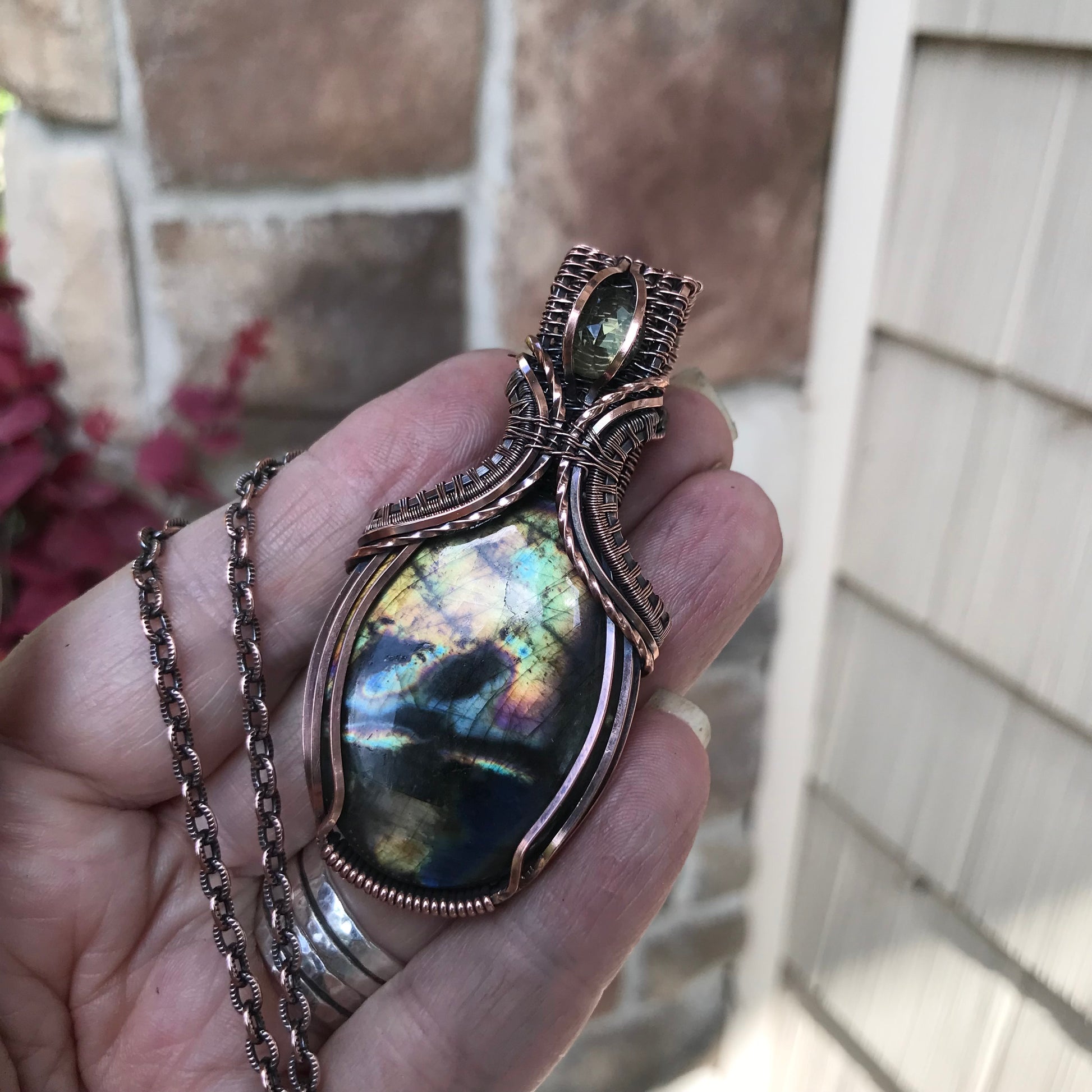 Yellow Orange Labradorite & Lemon Quartz Oval Copper Necklace with Weaving