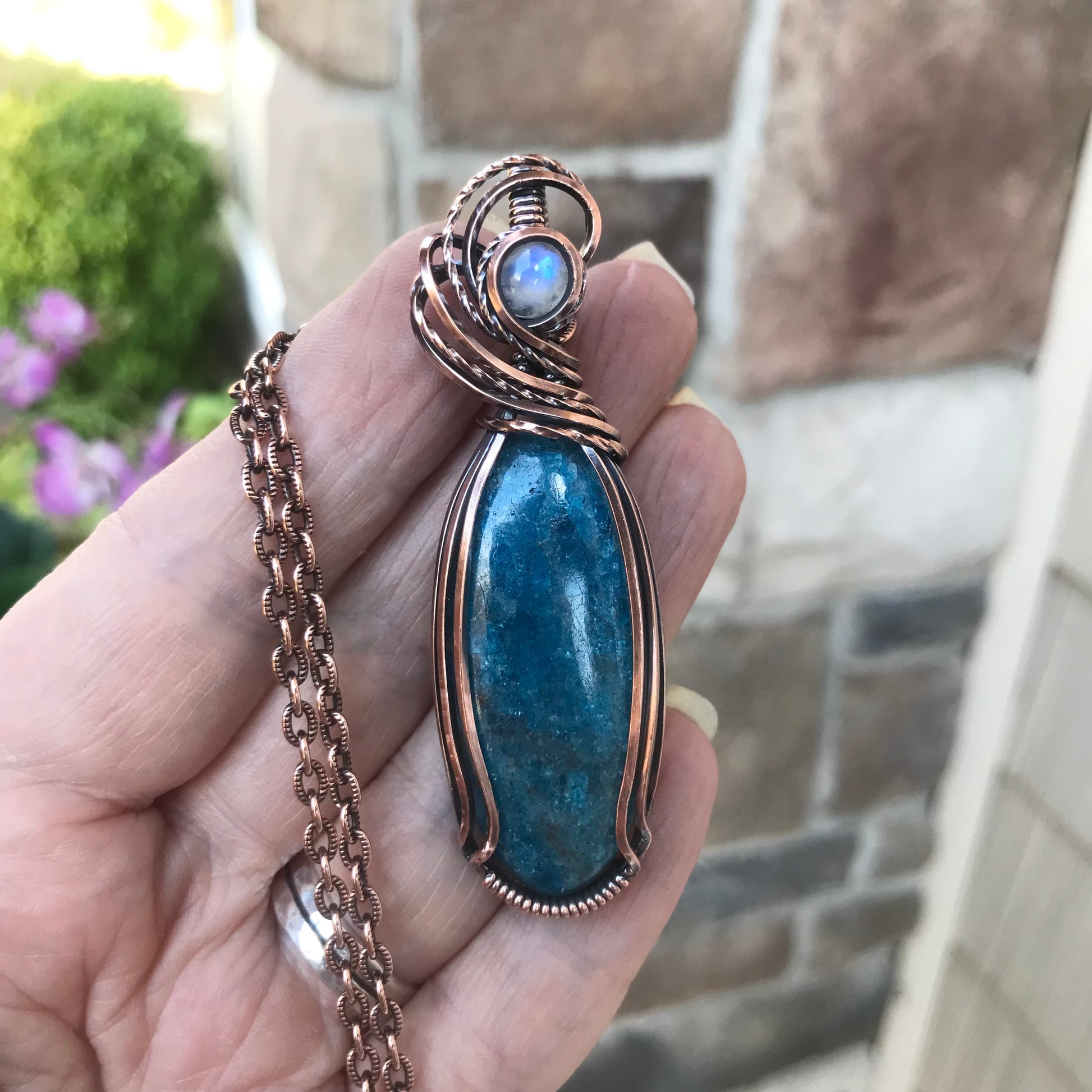 Apatite & Moonstone Slender Copper Necklace