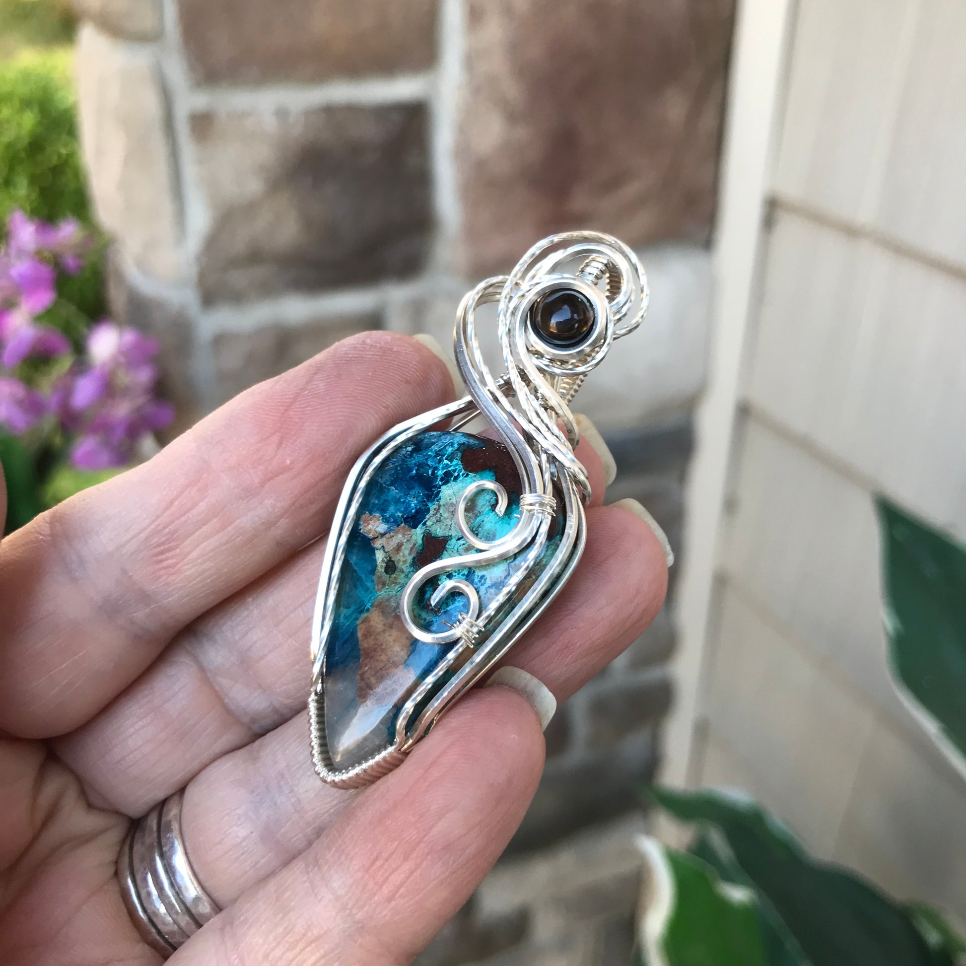 Shattuckite & Smoky Quartz Silver Necklace