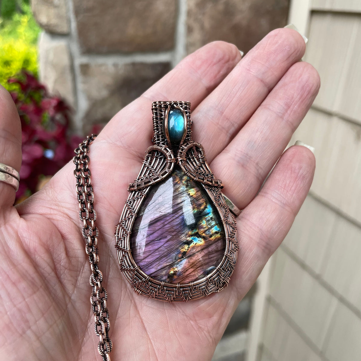 Purple Blue Labradorite  Copper Woven Pendant