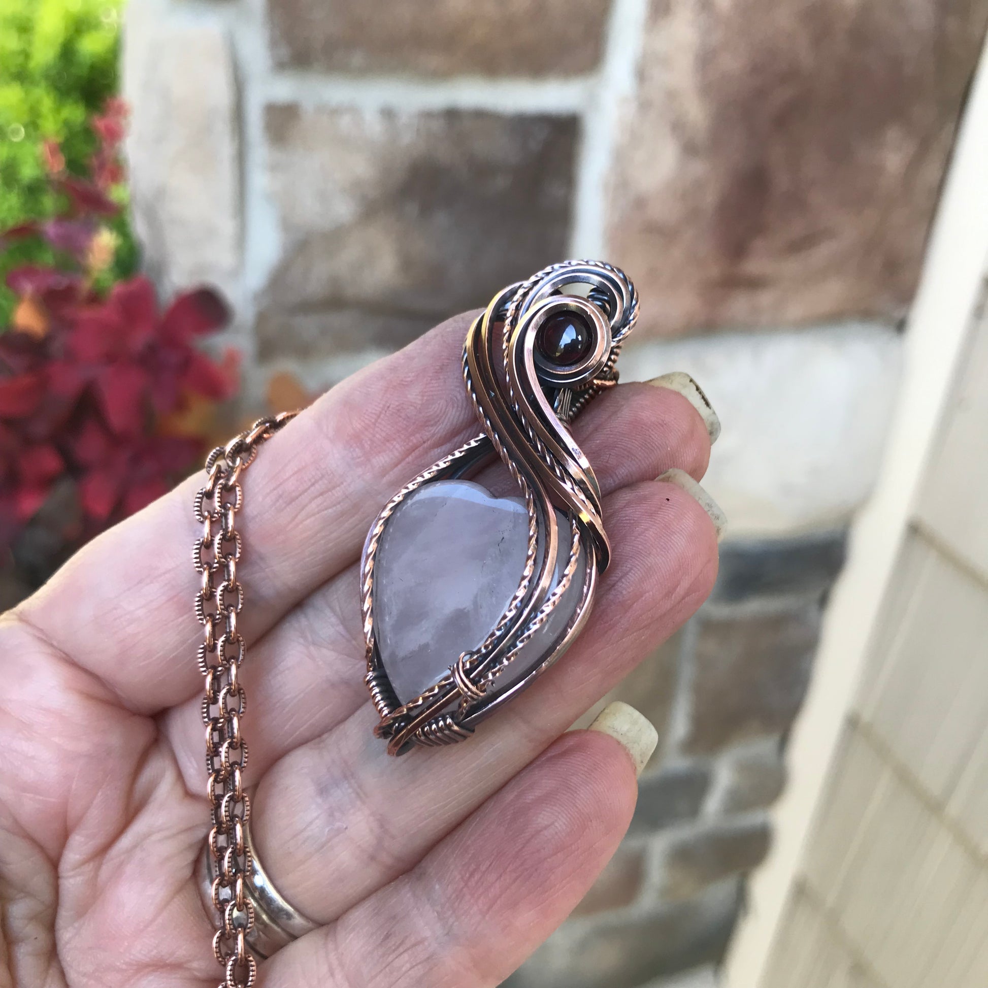 Rose Quartz with Garnet Heart Copper Pendant