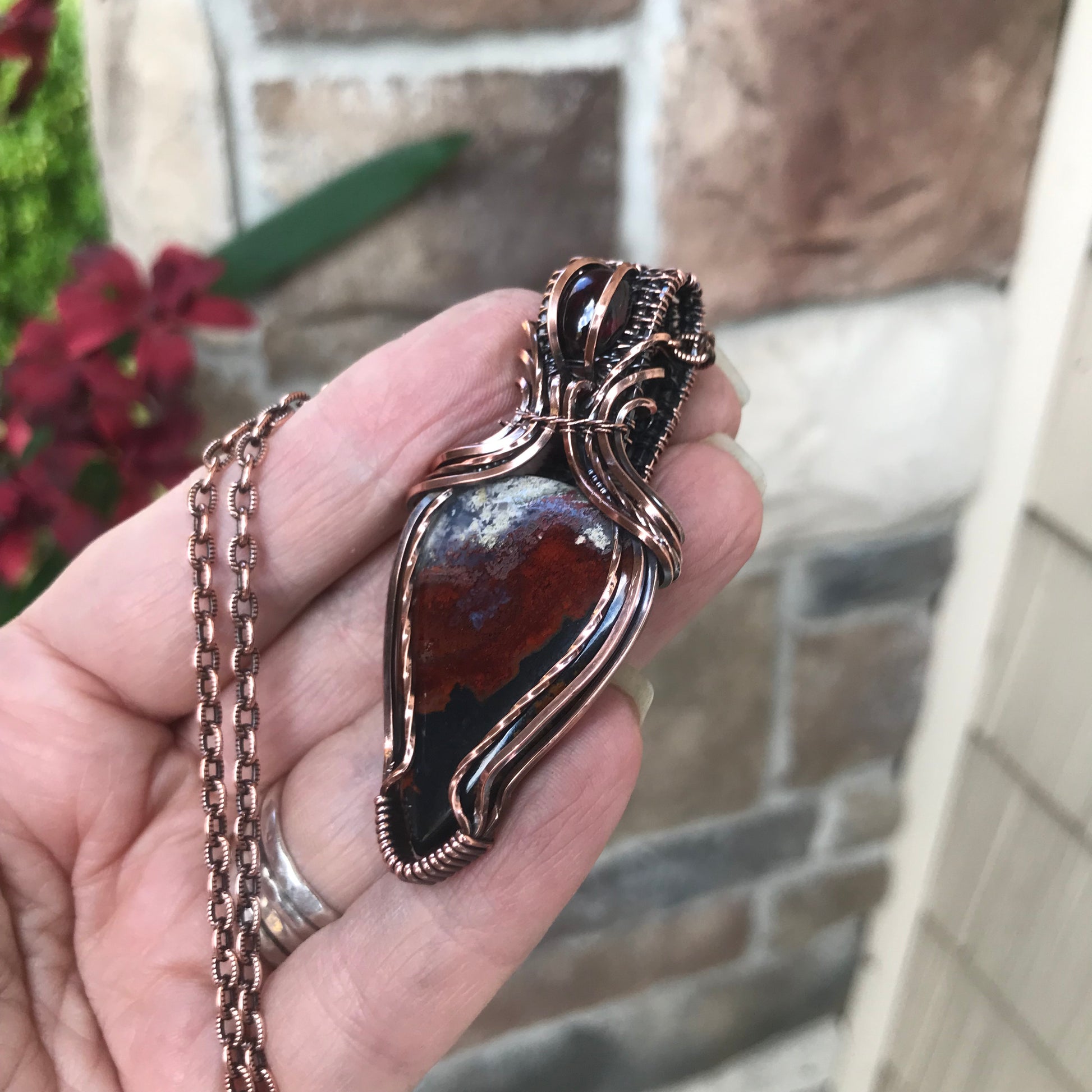 Maroon Crazy Lace Agate & Garnet Copper Pendant