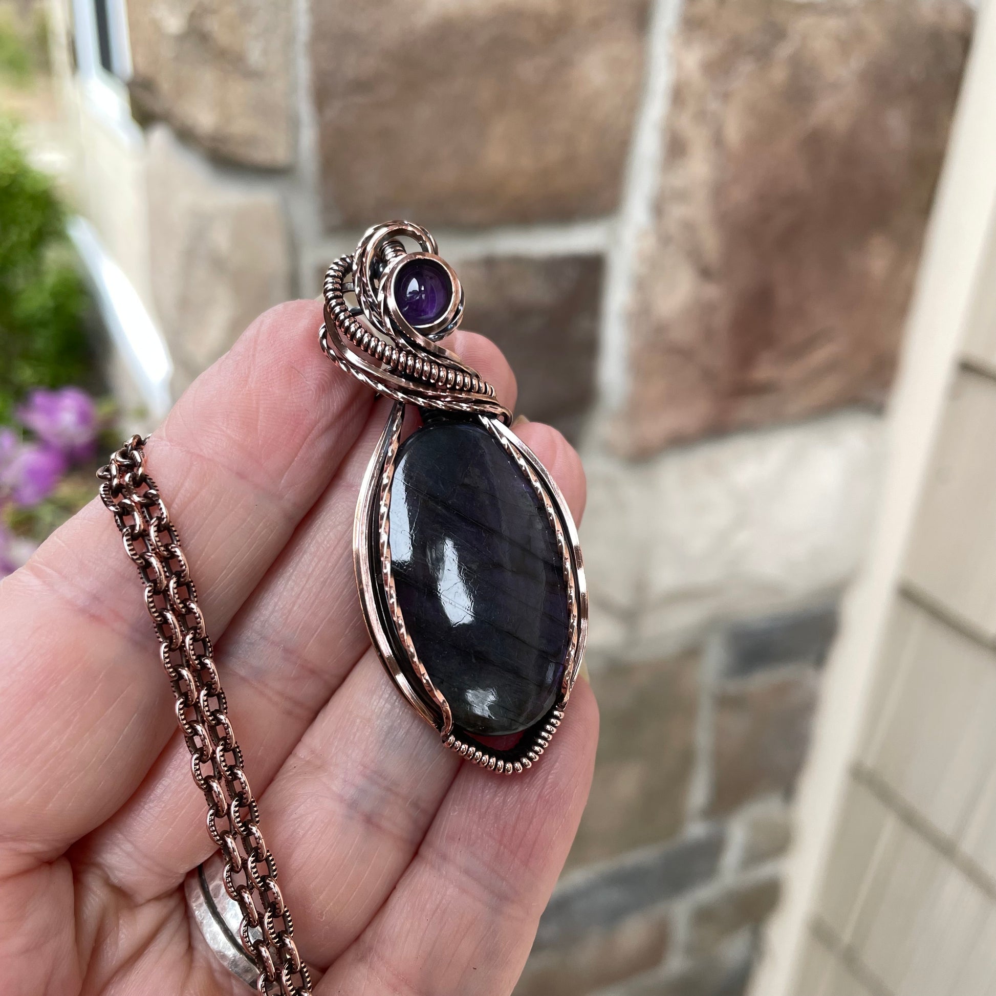 Purple Oval Labradorite & Amethyst Copper Pendant