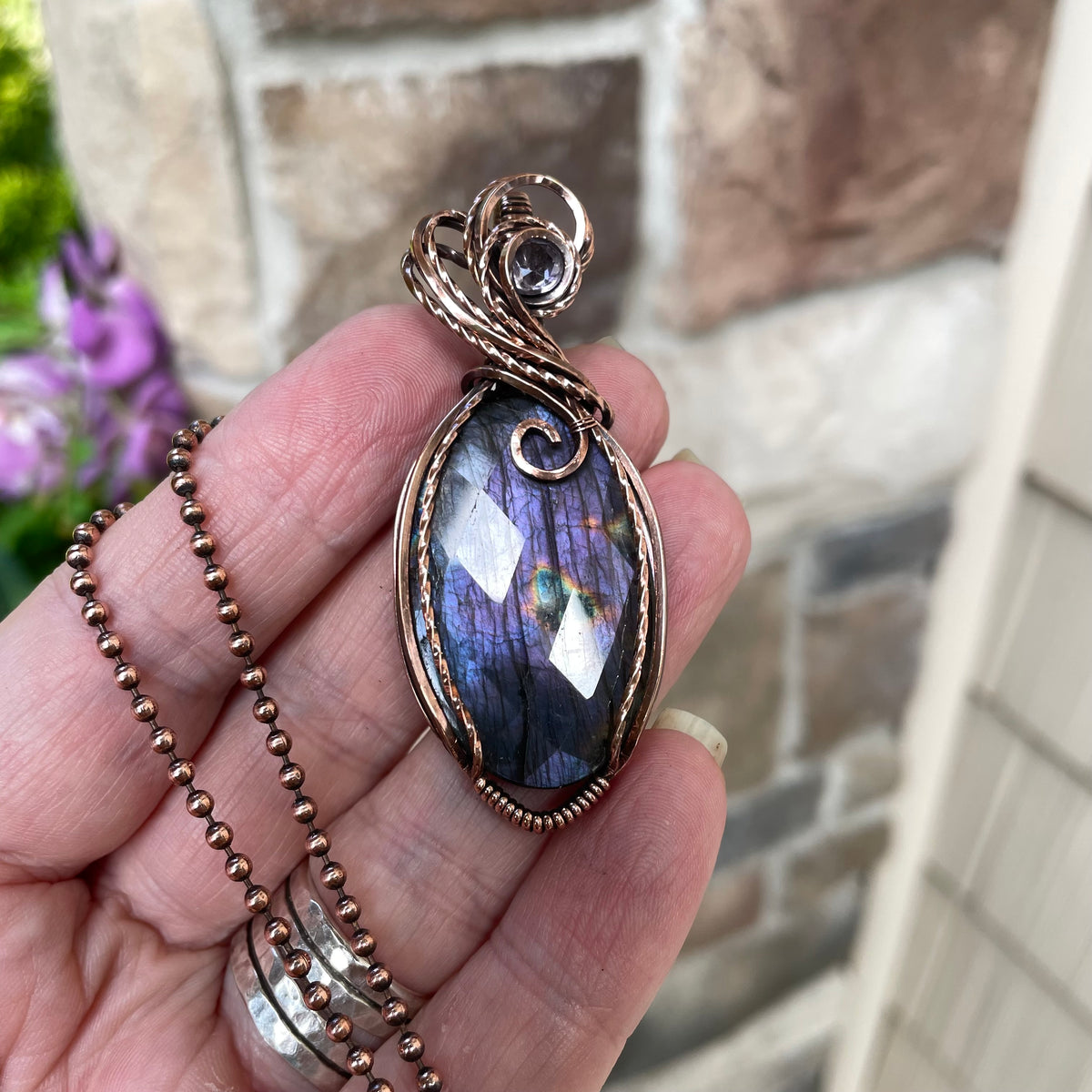 Faceted Purple Oval Labradorite & Pink Amethyst Copper Pendant