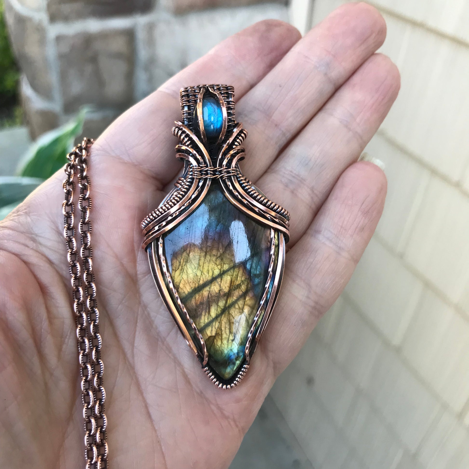 Yellow Rainbow Labradorite Copper Pendant with Weaving
