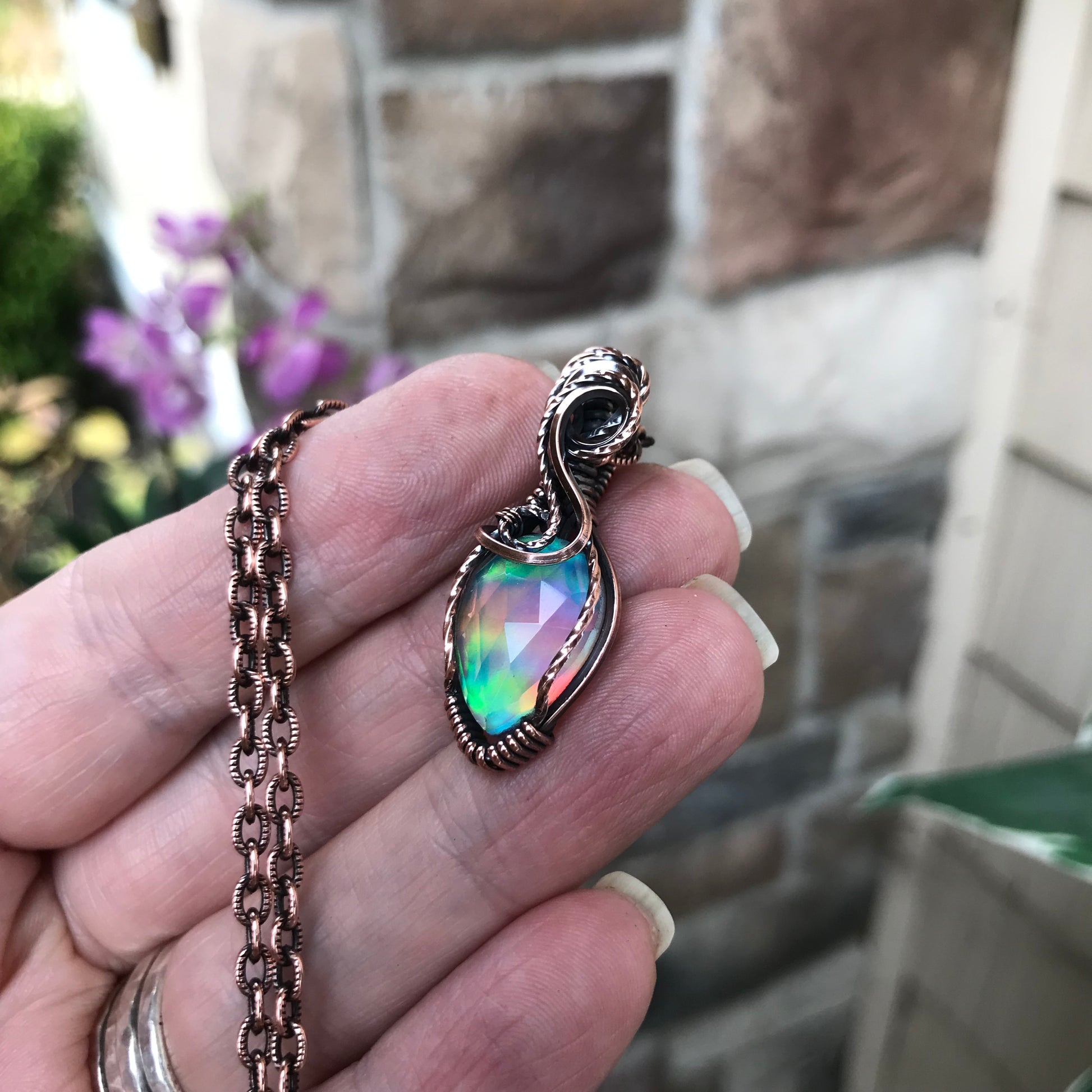 Aurora Opal Small Teardrop Copper Pendant