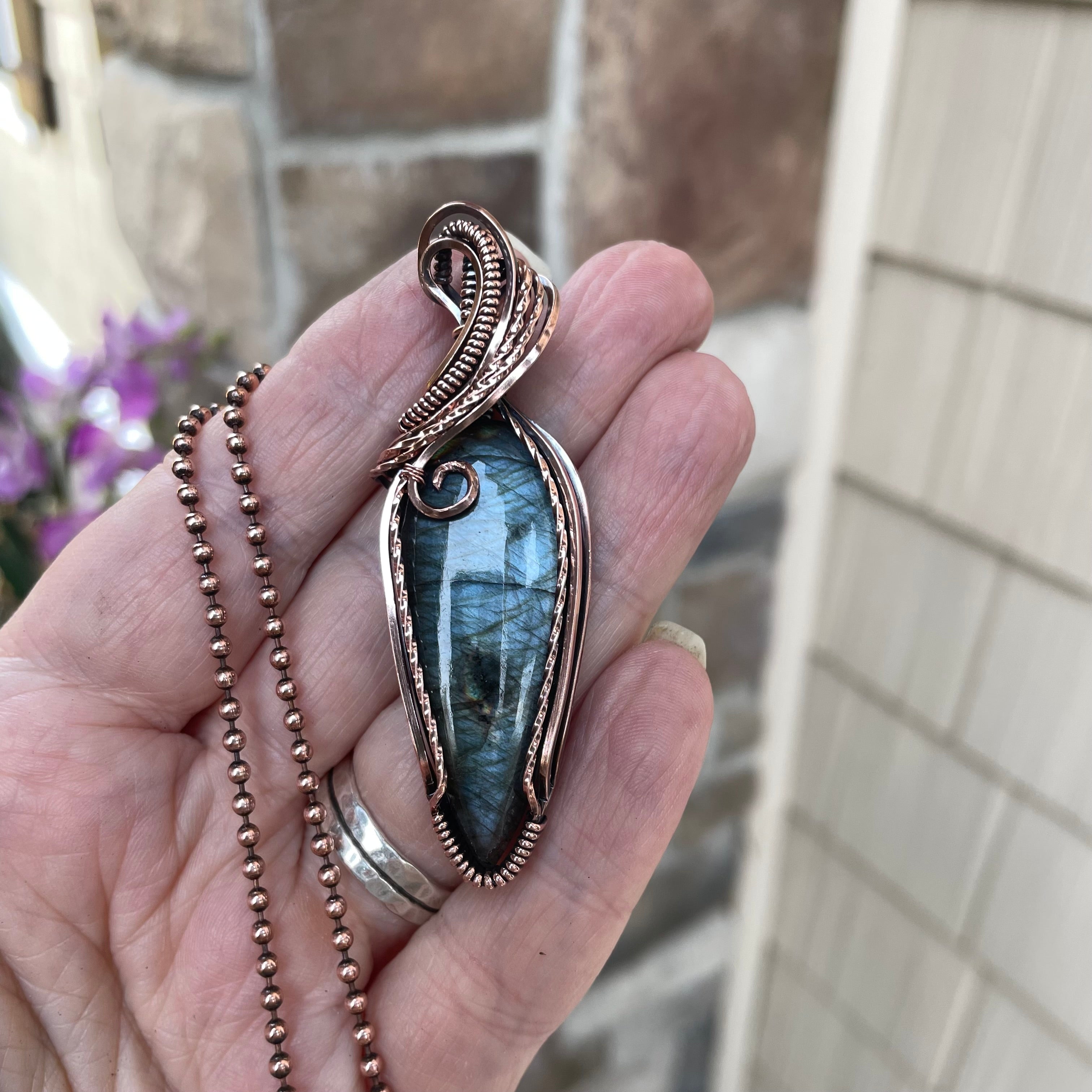 Slate Blue Slender Labradorite Copper Pendant