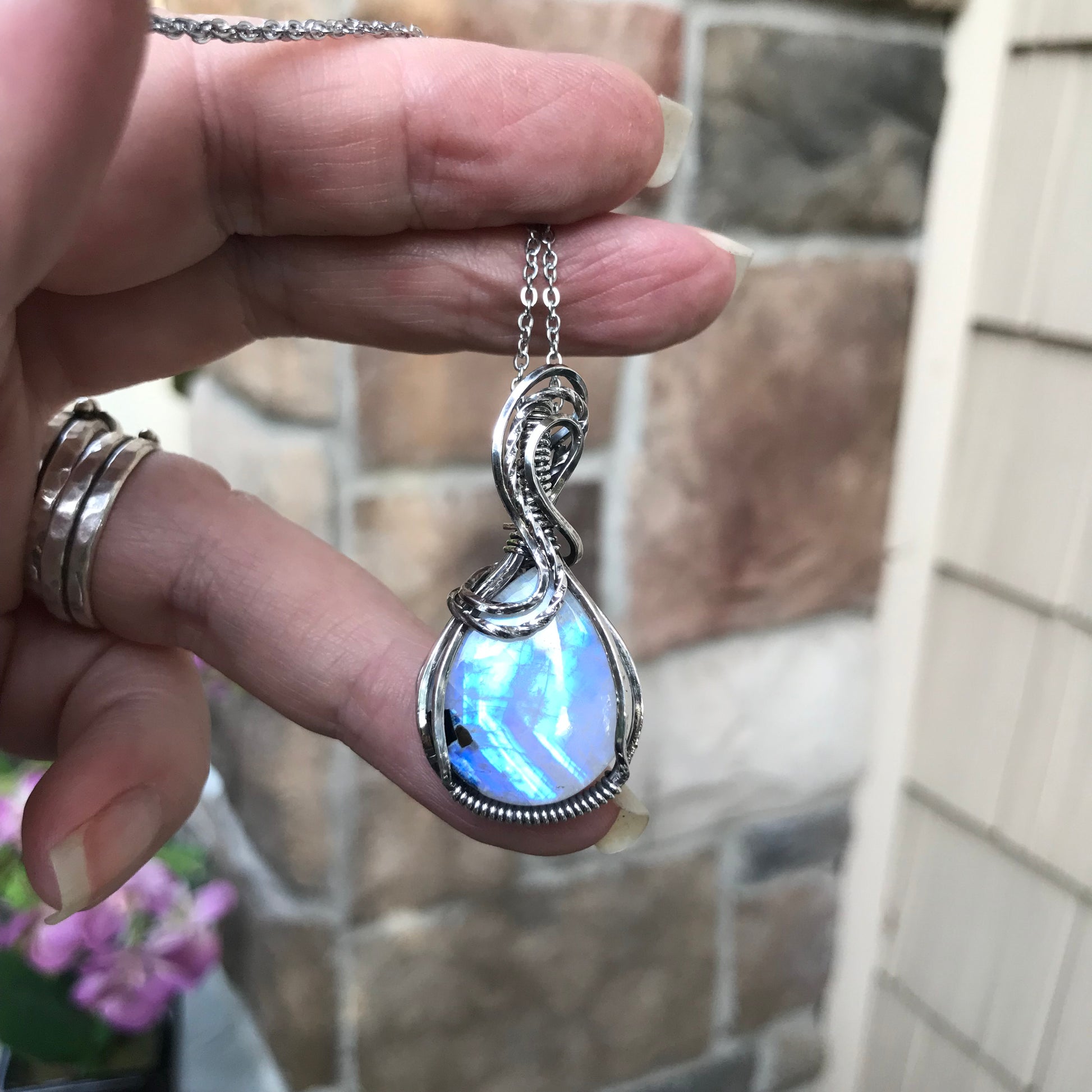 Moonstone with Black Tourmaline Sterling Silver Pendant