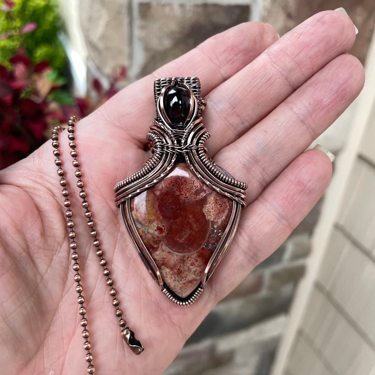 Wild Eye Jasper & Garnet Copper Pendant with Weaving