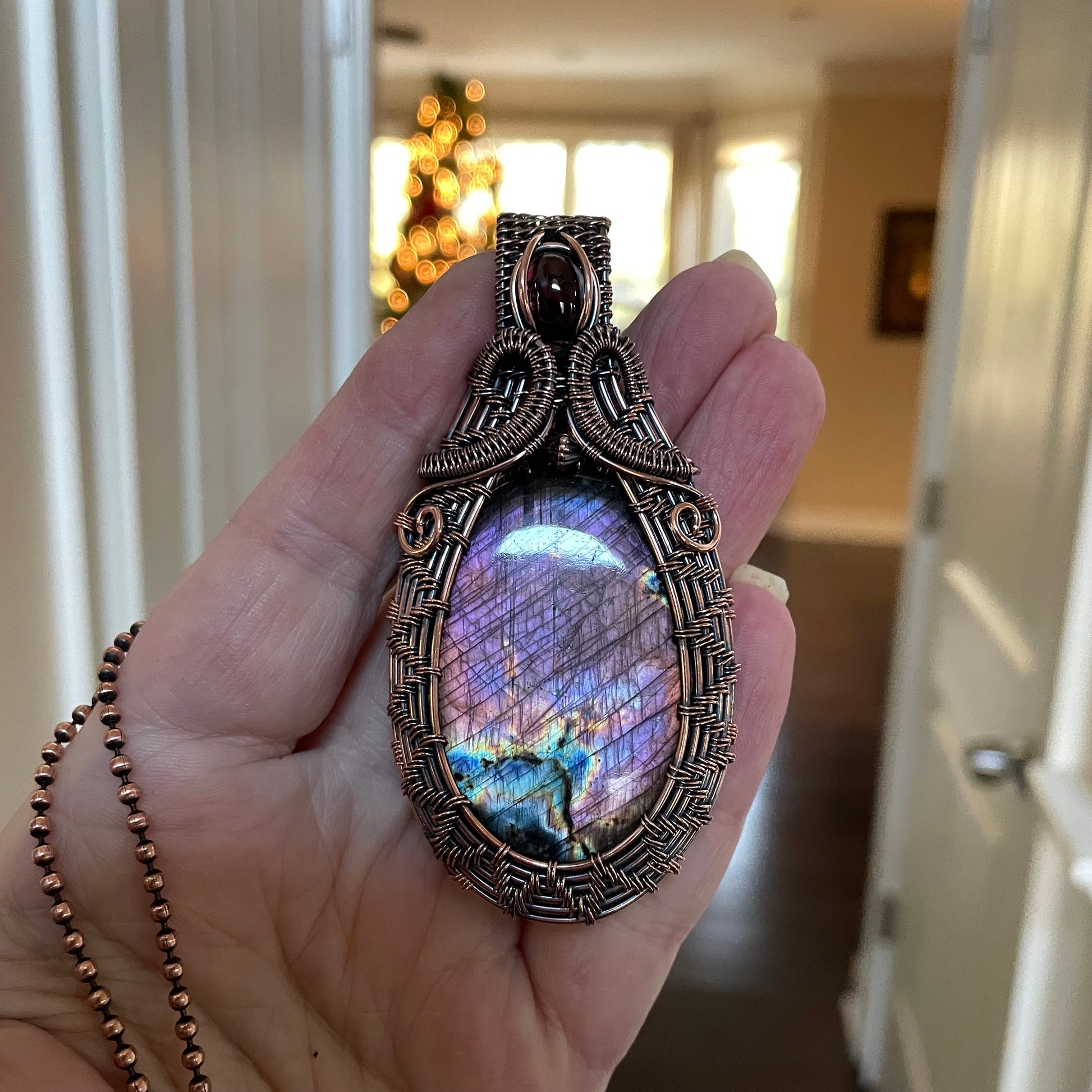 Purple Pink Labradorite with Garnet Woven Copper Pendant