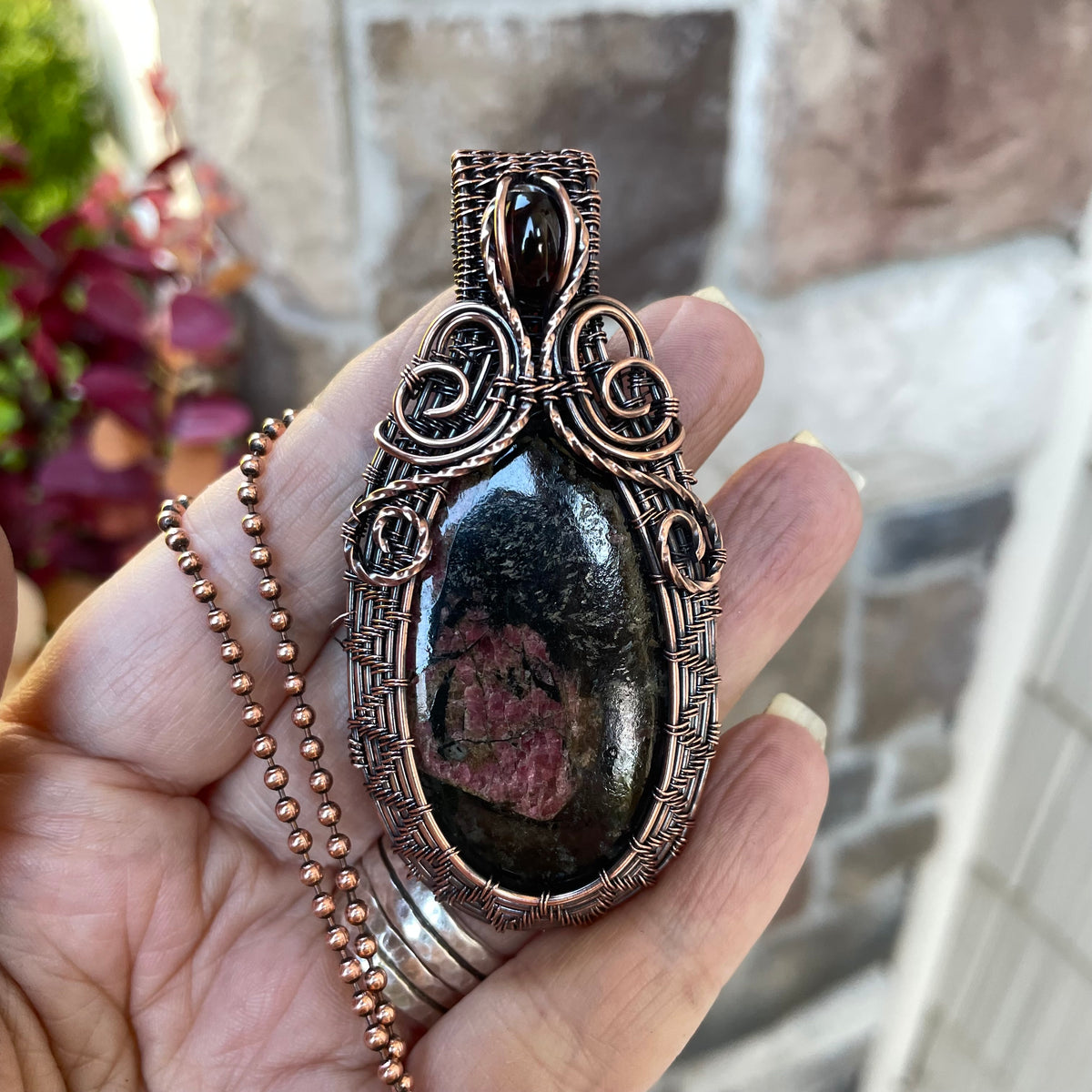 Dark Ruby Zoisite & Garnet Woven Copper Pendant