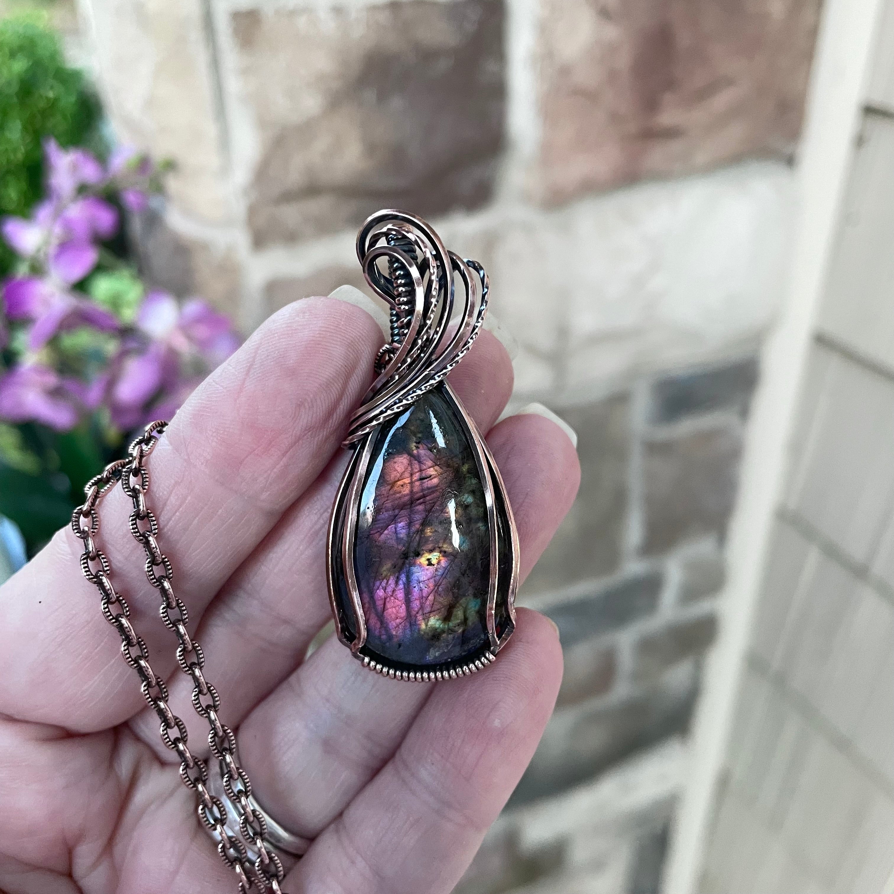 Pink & Purple Labradorite Copper Pendant