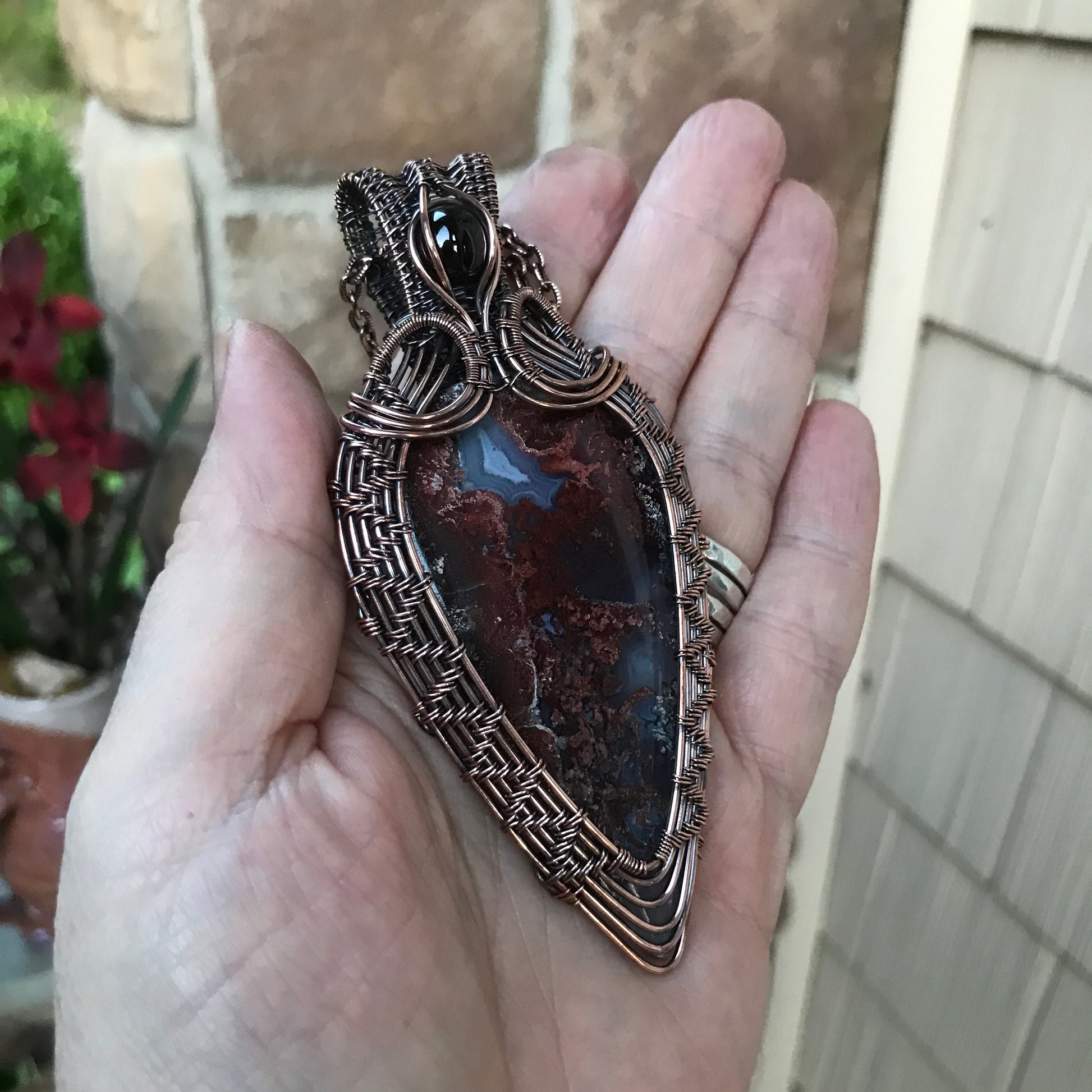 Red Moss Agate & Garnet Woven Statement Copper Pendant