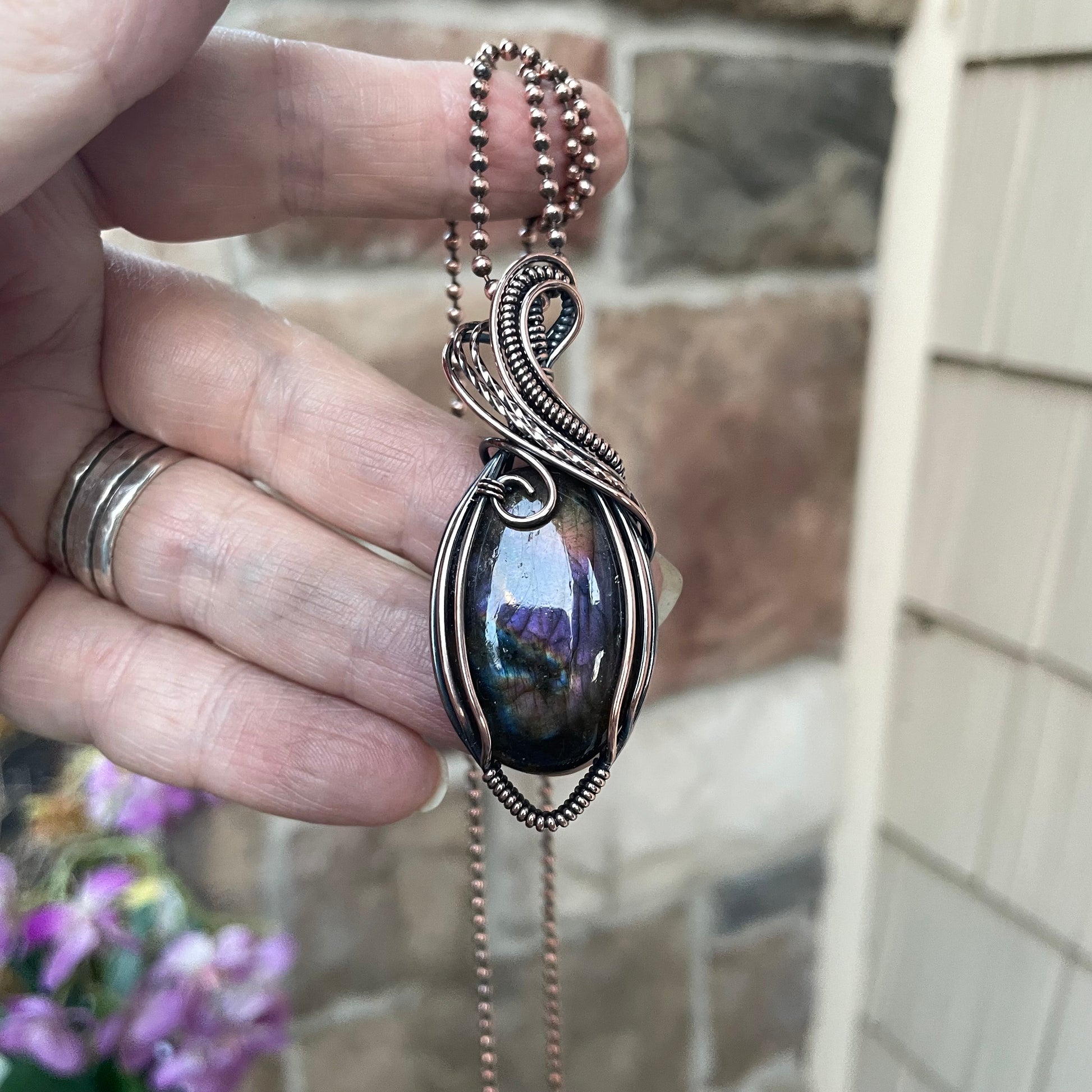 Purple Oval Labradorite Copper Pendant