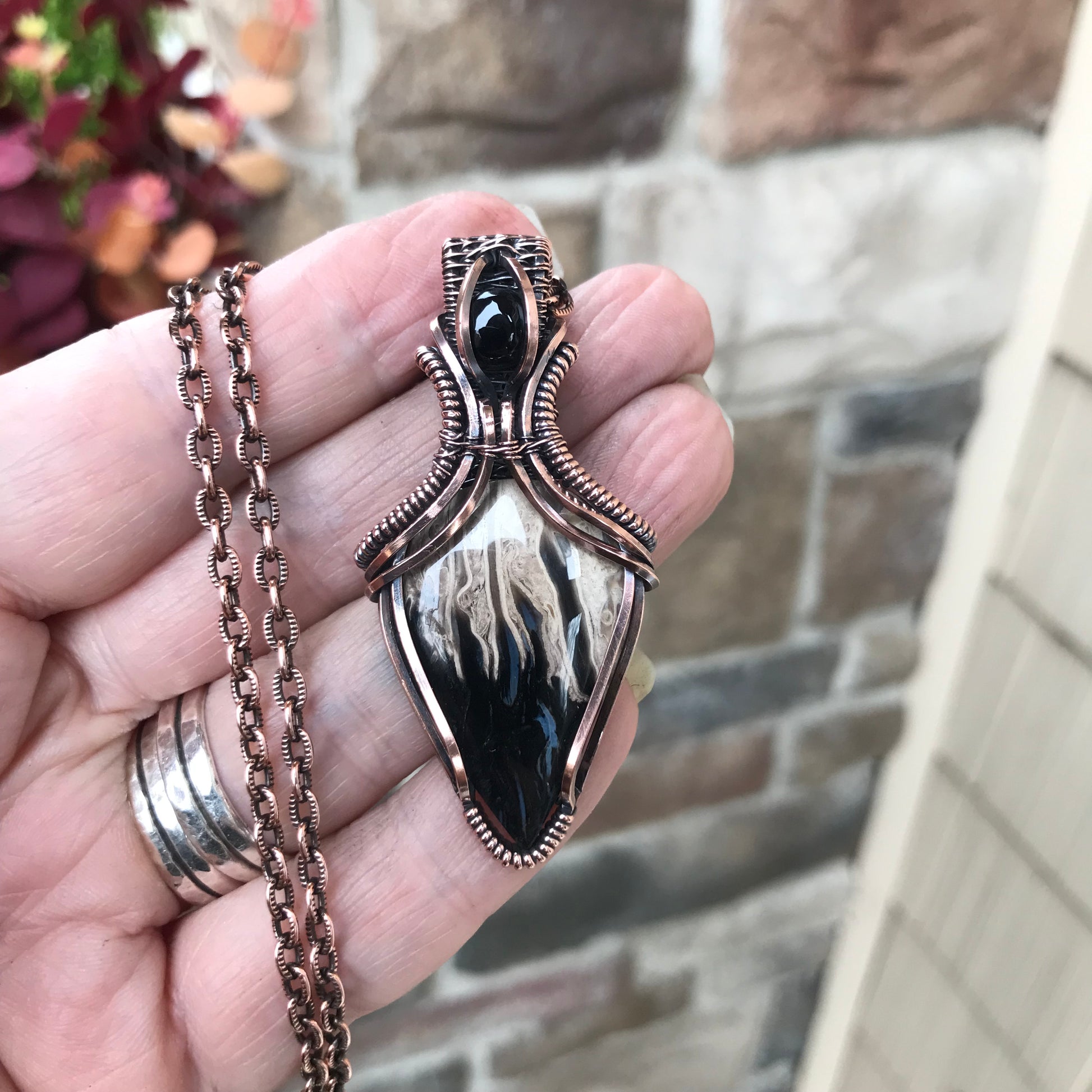 Petrified Palm Wood & Onyx Copper Necklace with Weaving