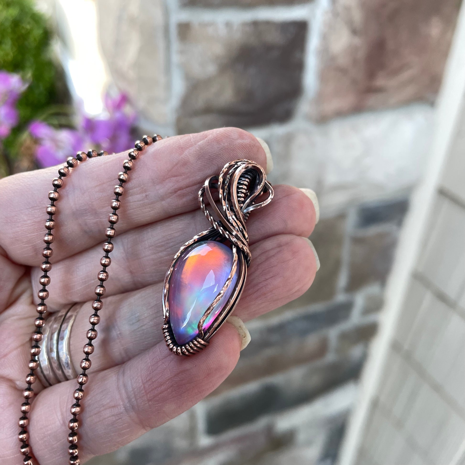 Aurora Opal Pink Orange Copper Necklace