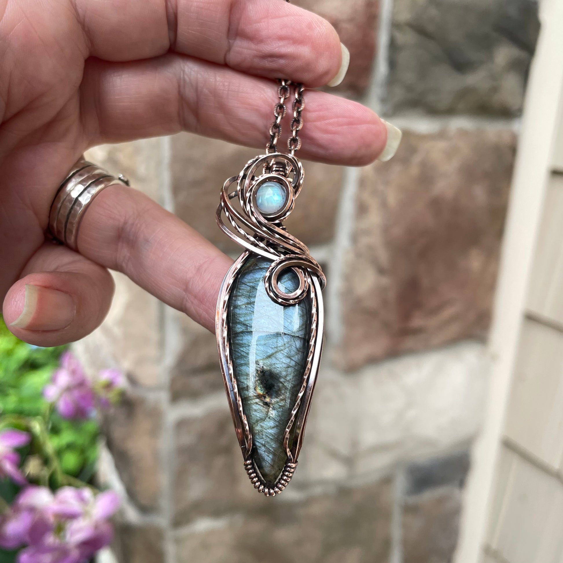 Slate Blue Slender Labradorite & Moonstone Copper Pendant
