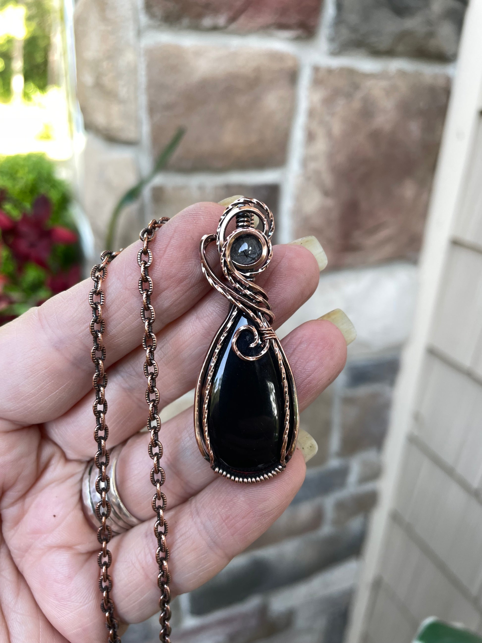 Black Onyx with Black Rutile Quartz Copper Necklace