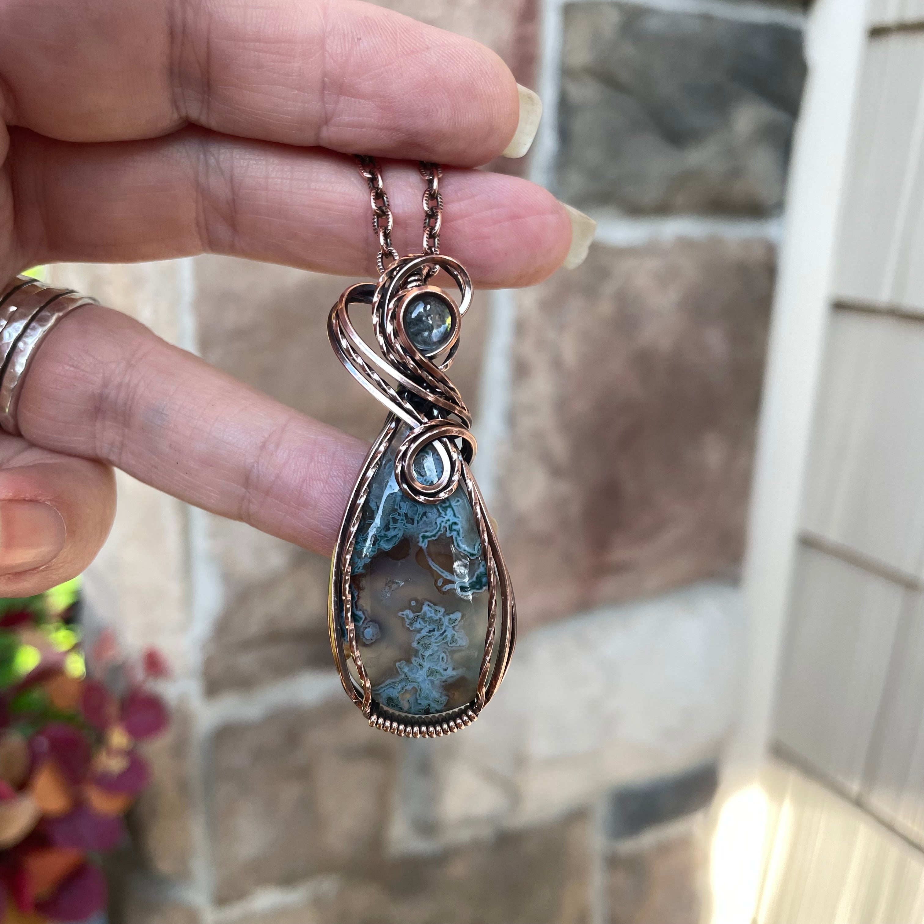 Moss Agate & Aquamarine Copper Necklace