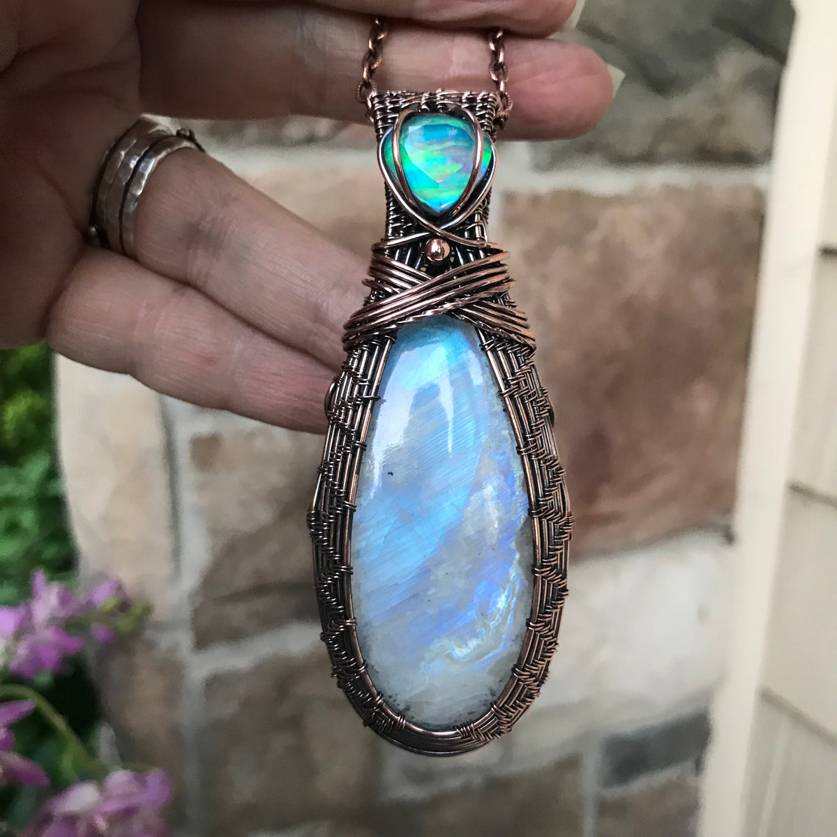 RESERVED - Rainbow Moonstone & Aurora Opal Copper Woven Pendant