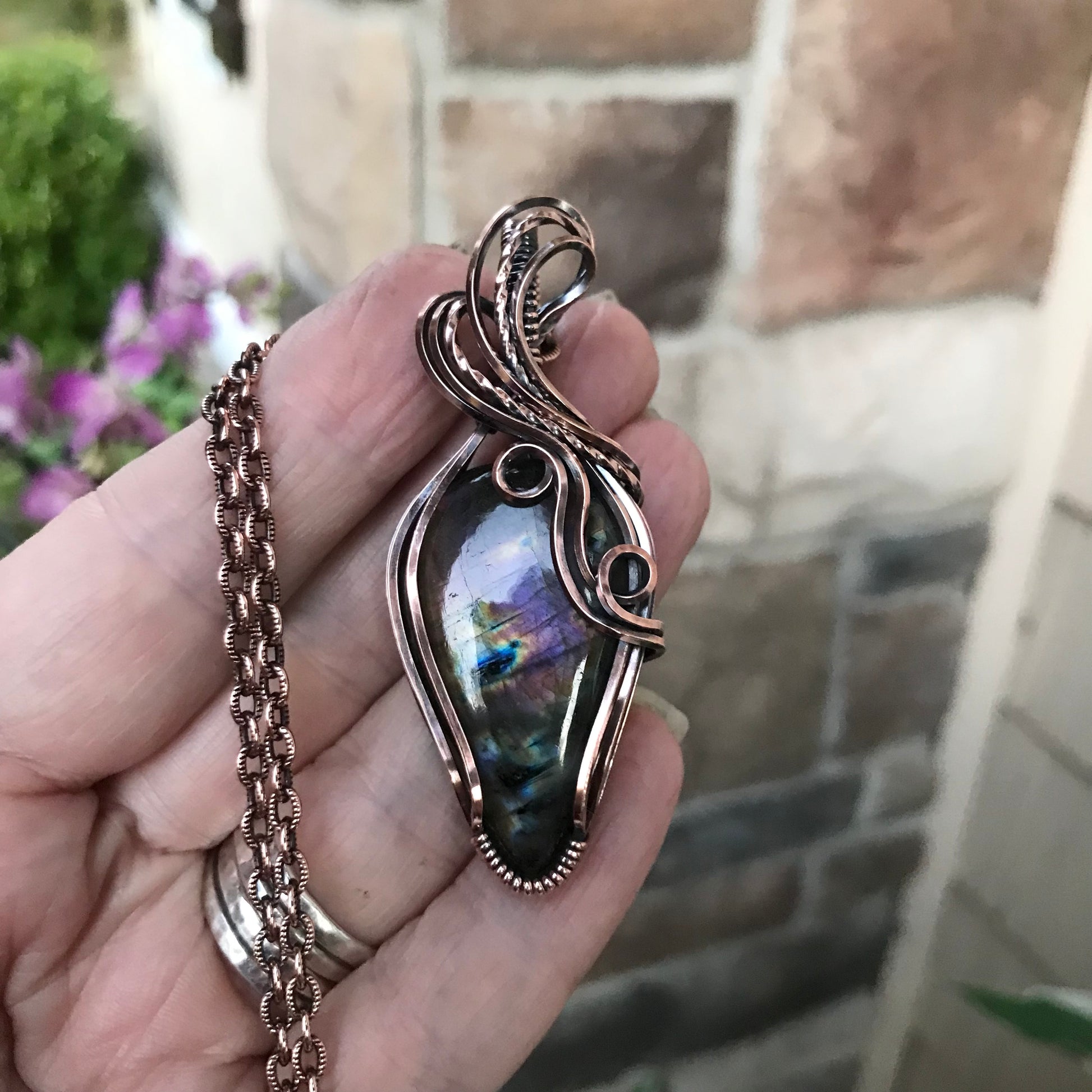 Purple Pink Labradorite Swirly Copper Necklace