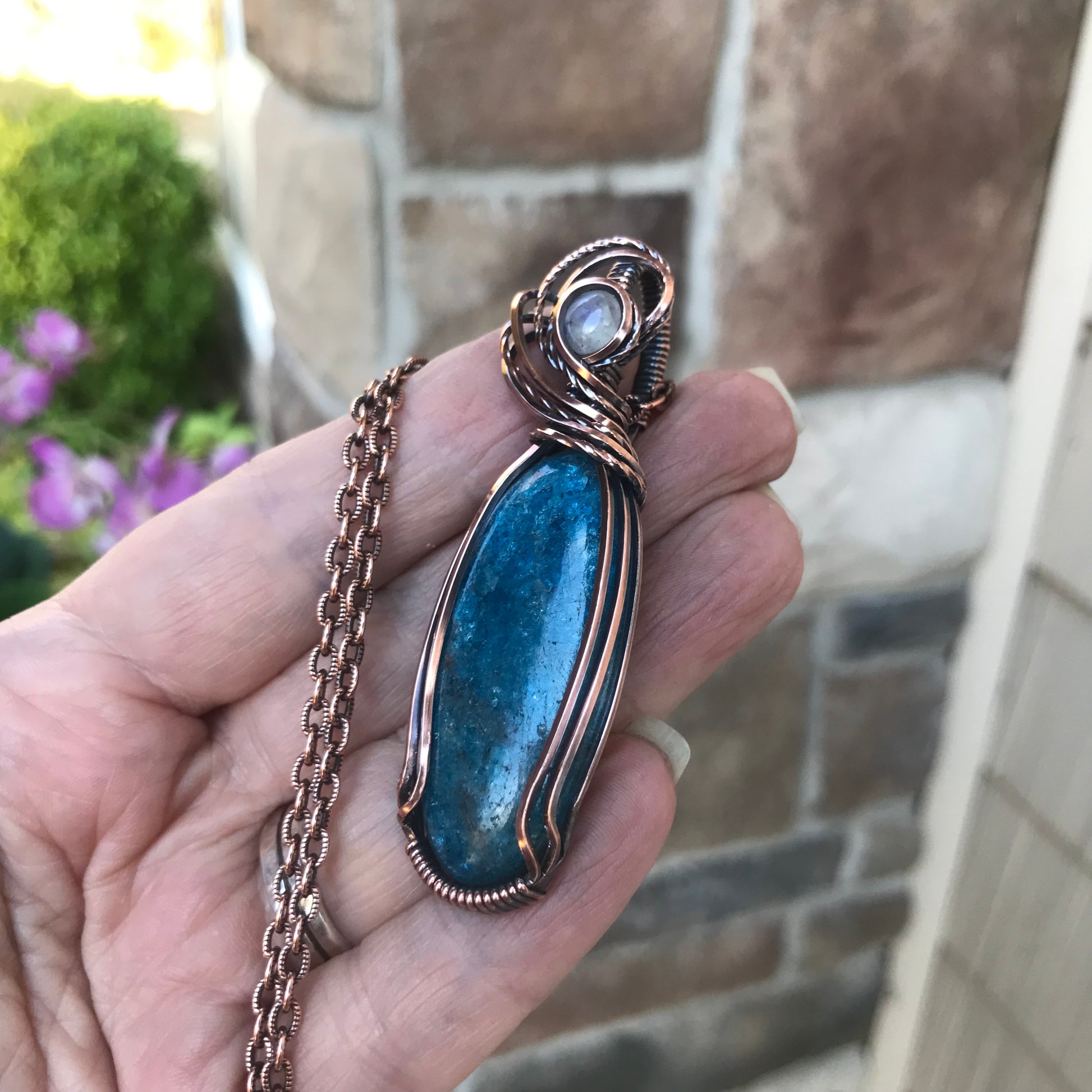 Apatite & Moonstone Slender Copper Necklace