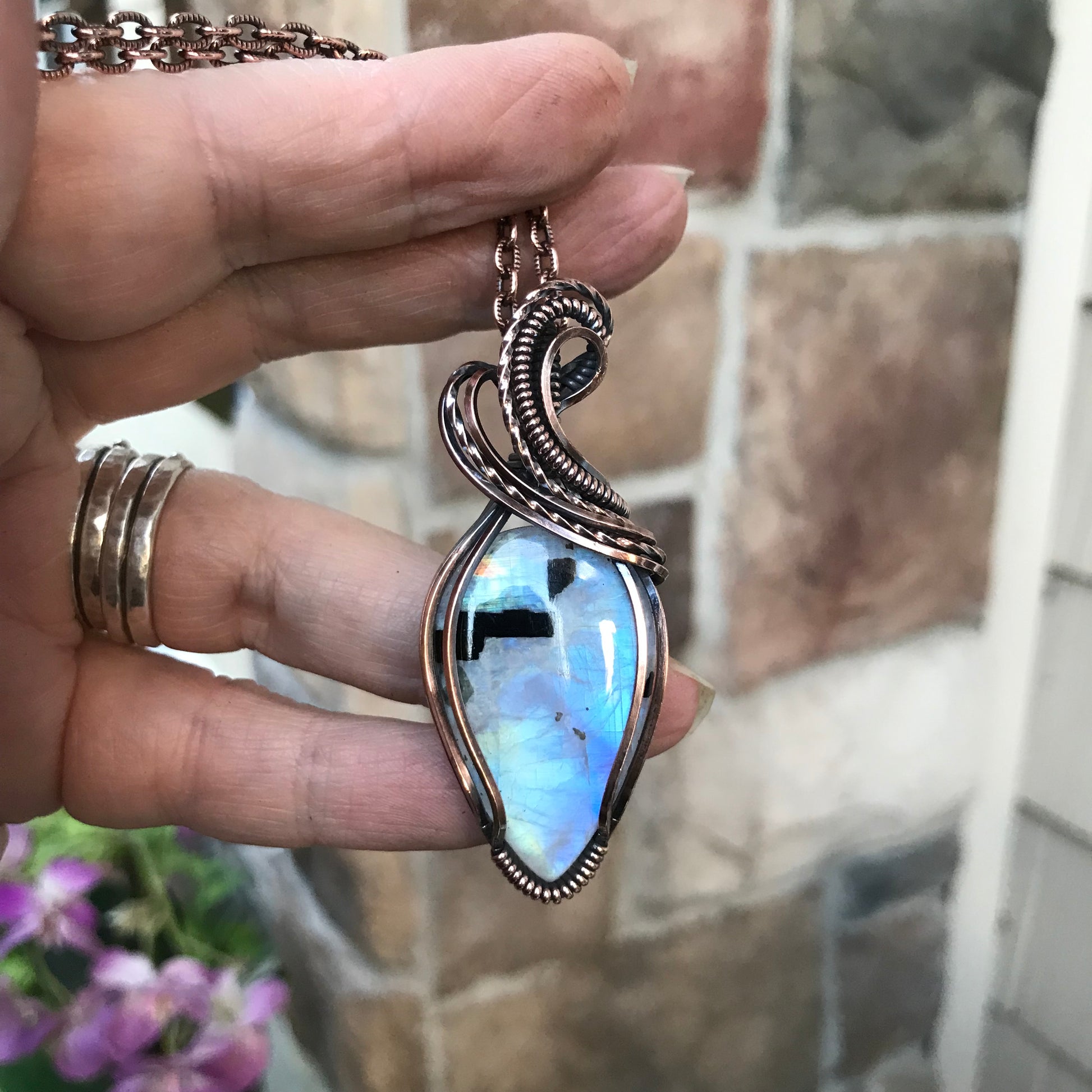 Rainbow Moonstone with Black Tourmaline Copper Pendant