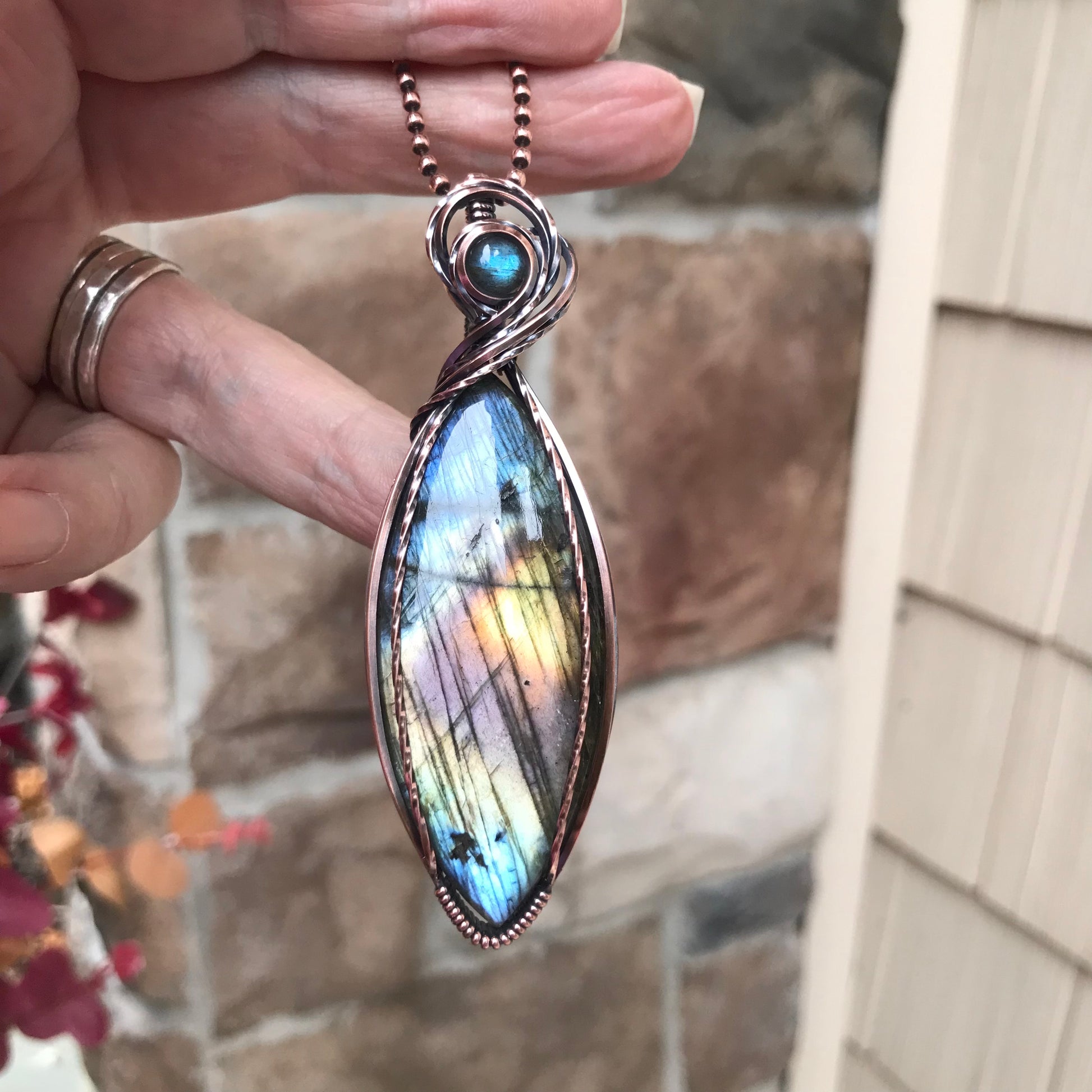 Rainbow Labradorite Marquis Copper Necklace