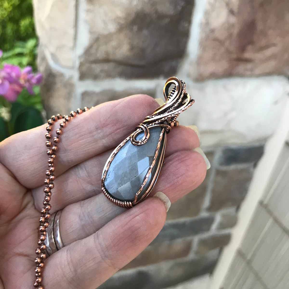 Faceted Gray Moonstone Copper Pendant