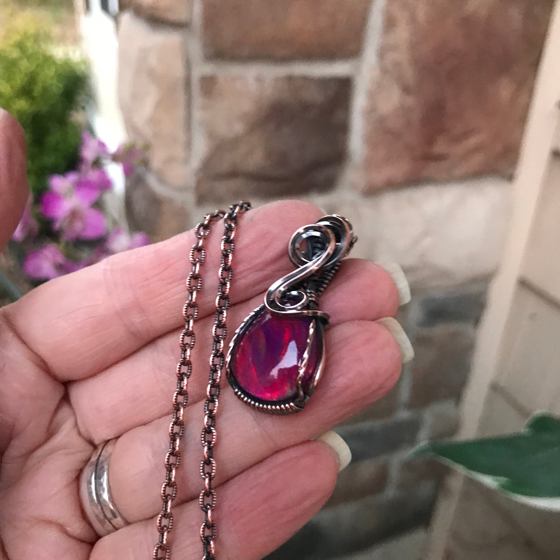 Aurora Opal Magenta Red Copper Necklace