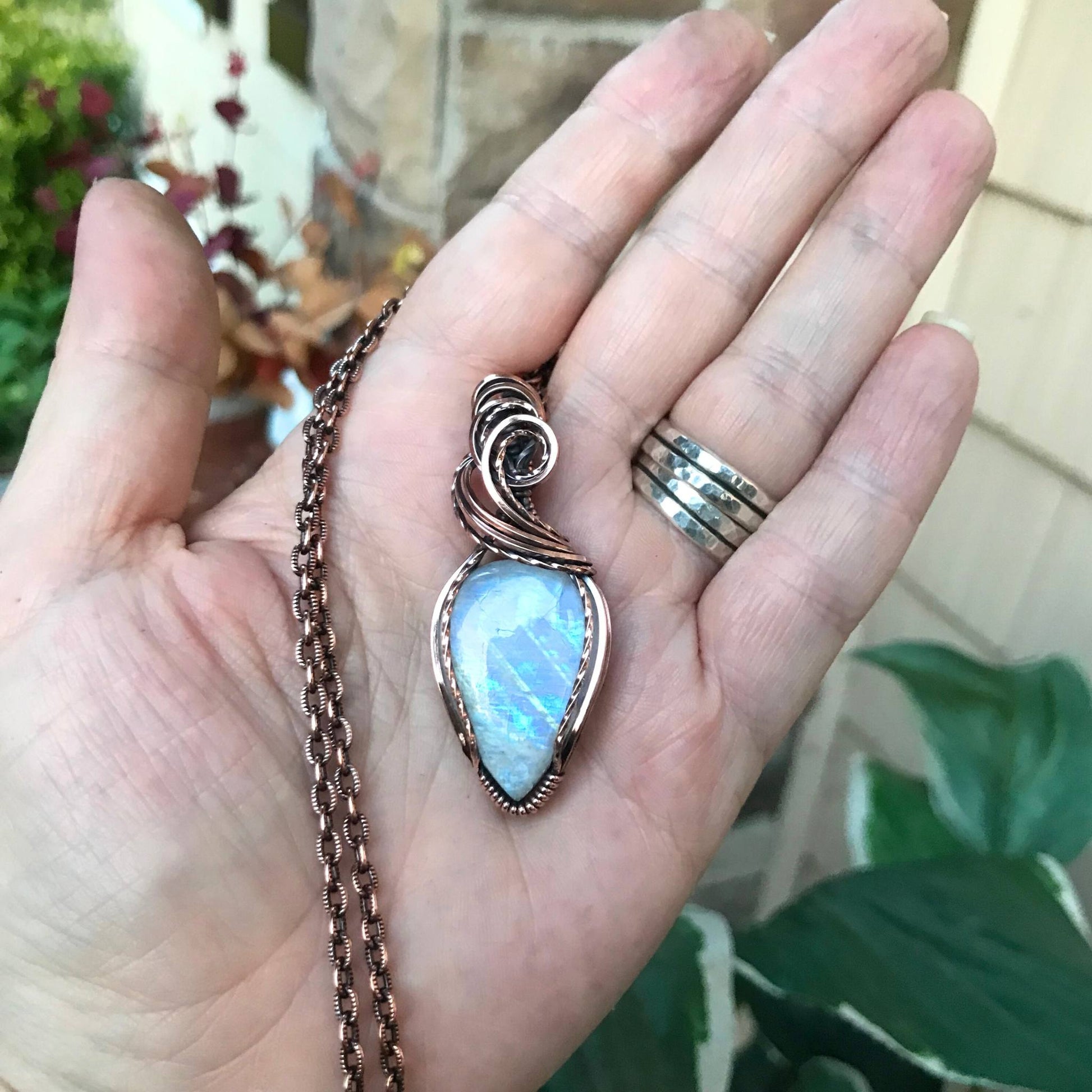 Rainbow Moonstone Copper Pendant