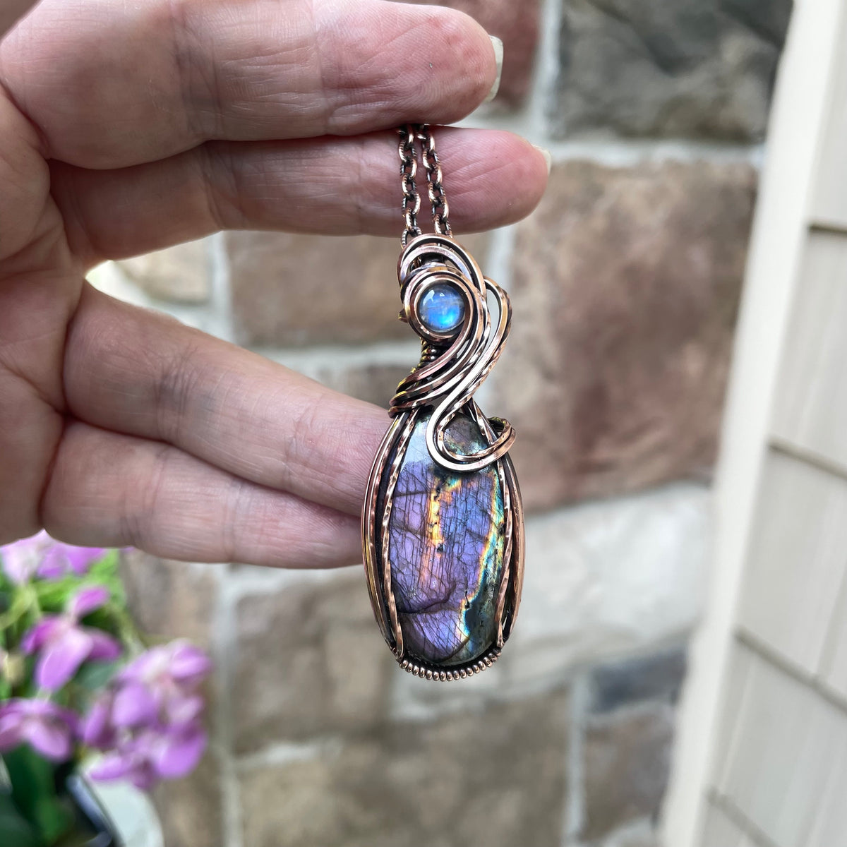 Purple Labradorite & Moonstone Oval Copper Pendant