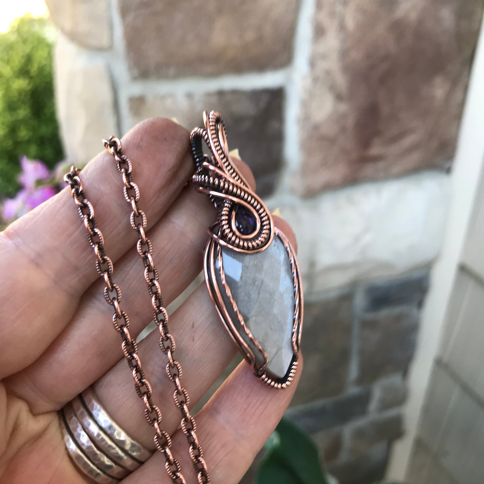 Gray Faceted Moonstone & Amethyst Copper Pendant