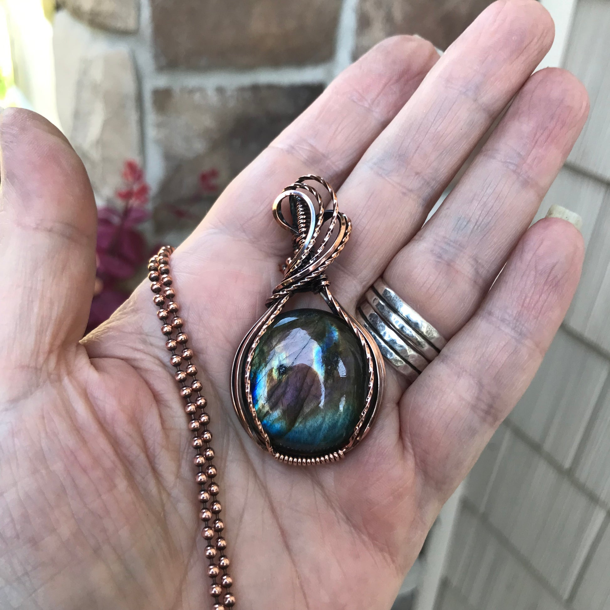 Rainbow Labradorite Round Copper Pendant