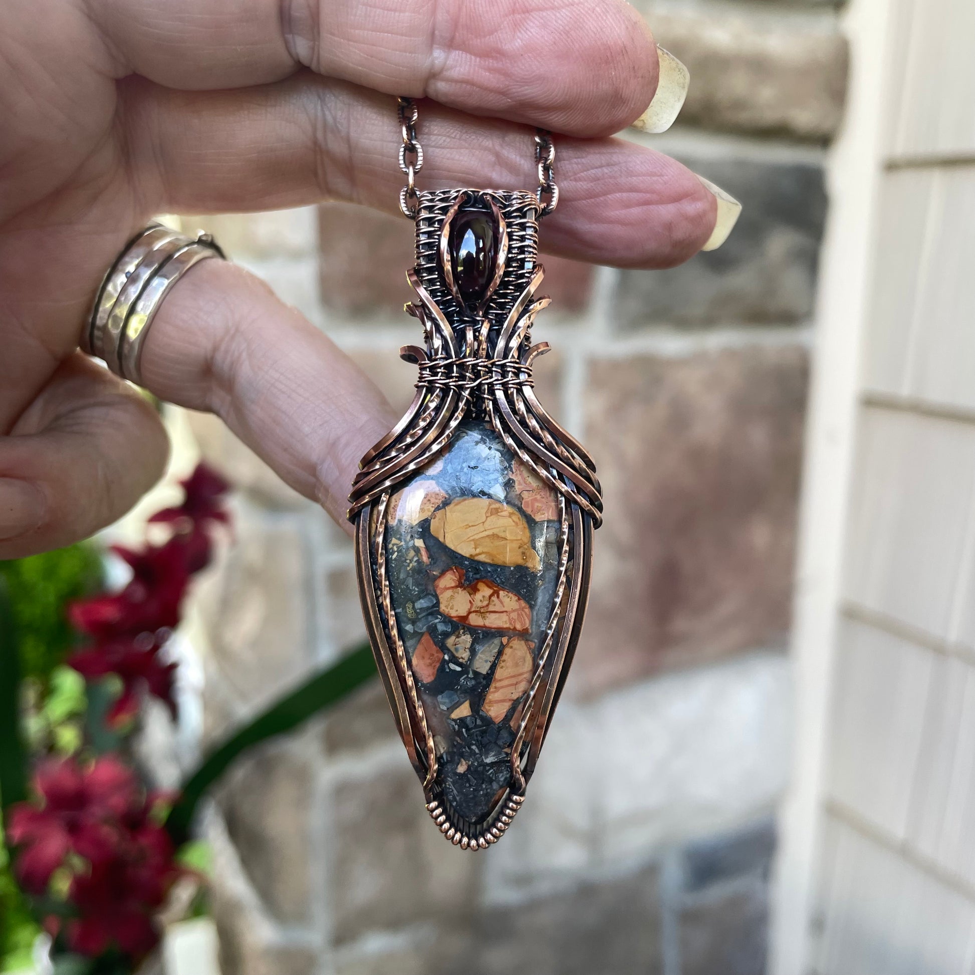 Maligano Jasper & Garnet Copper Pendant with Weaving