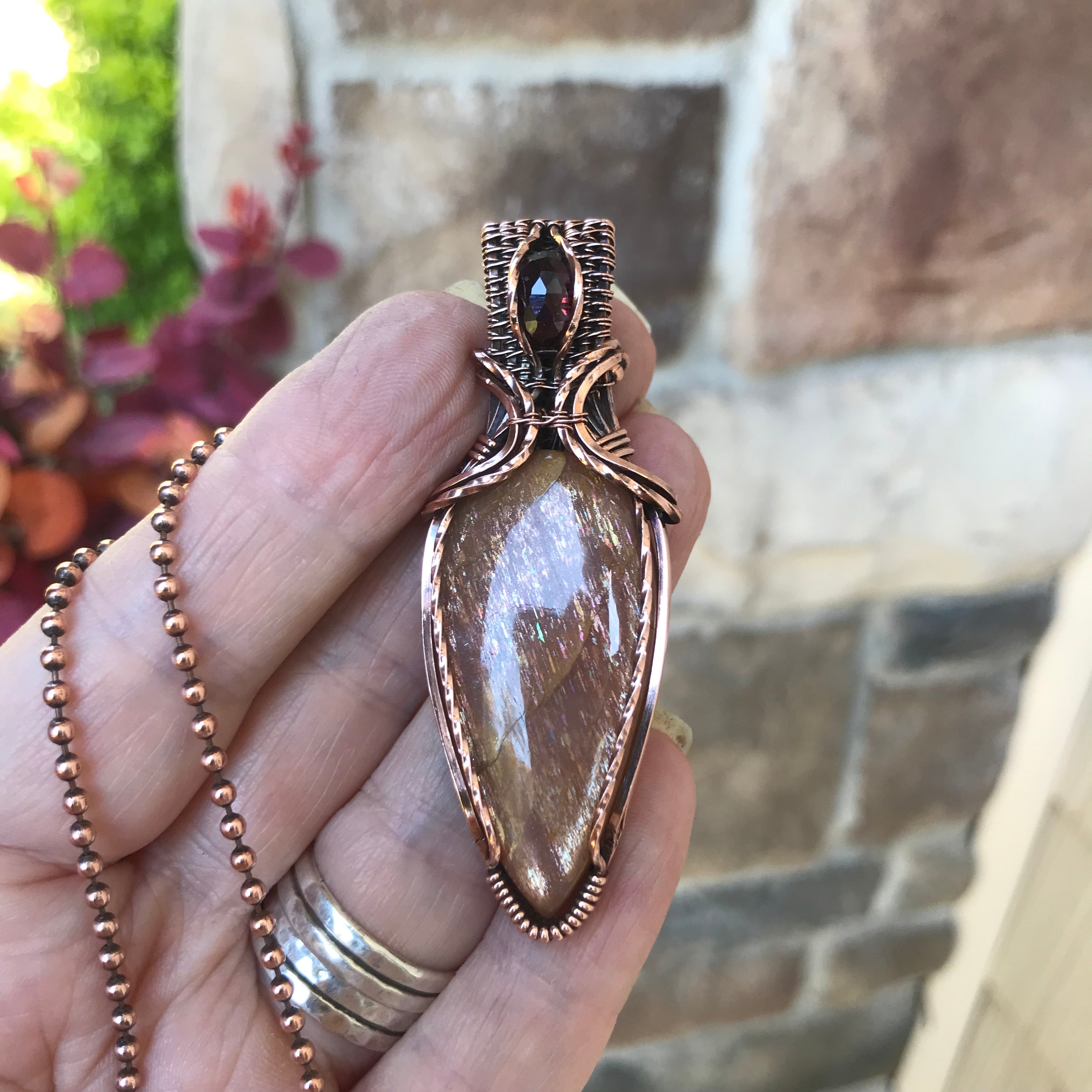Sunstone & Garnet Copper Pendant