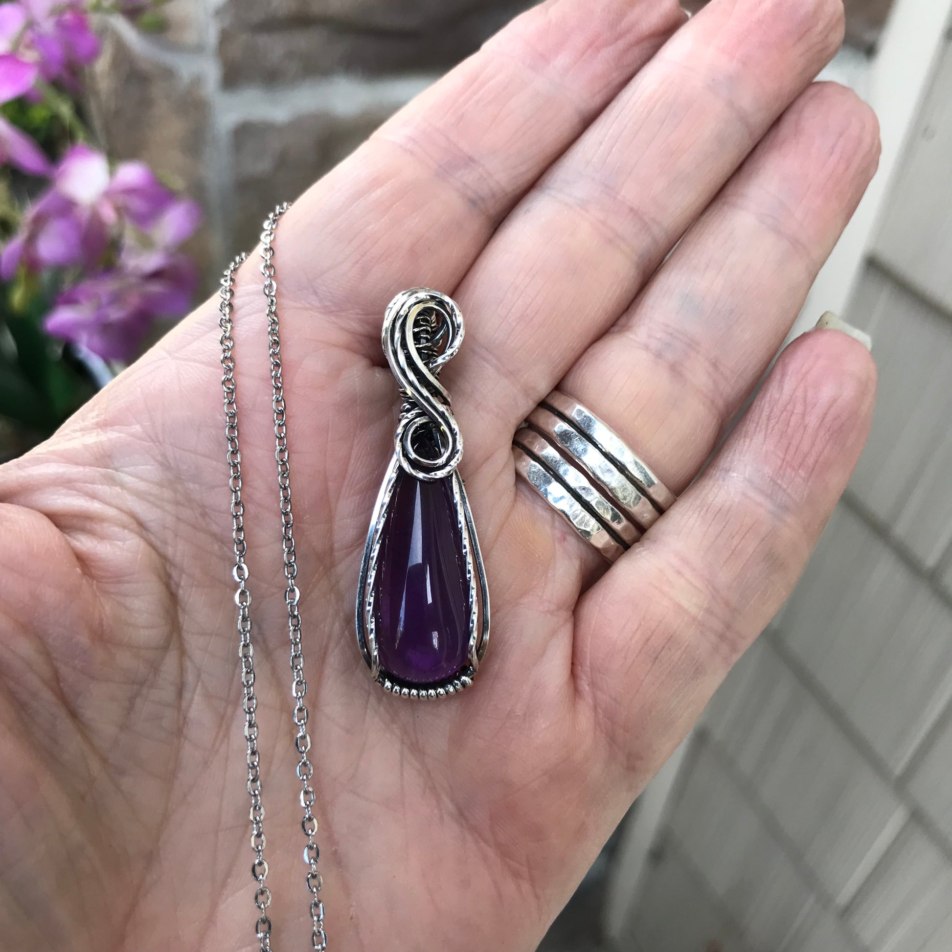 Amethyst Slender Teardrop Silver Necklace