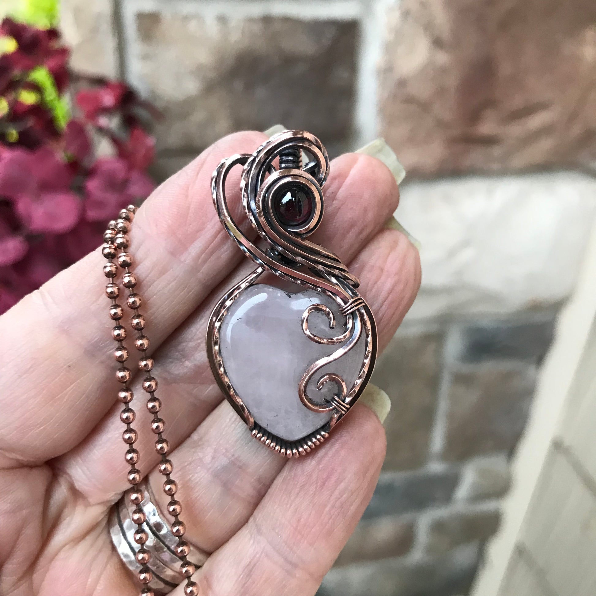 Rose Quartz & Garnet Copper Heart Necklace