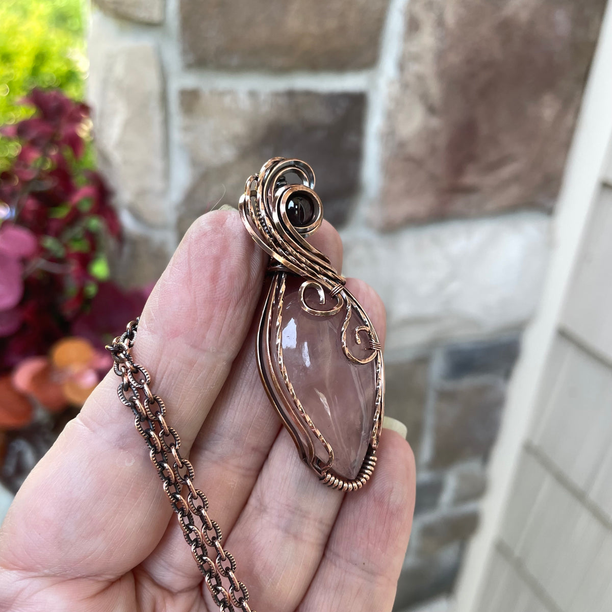 Rose Quartz & Garnet Swirly Copper Necklace