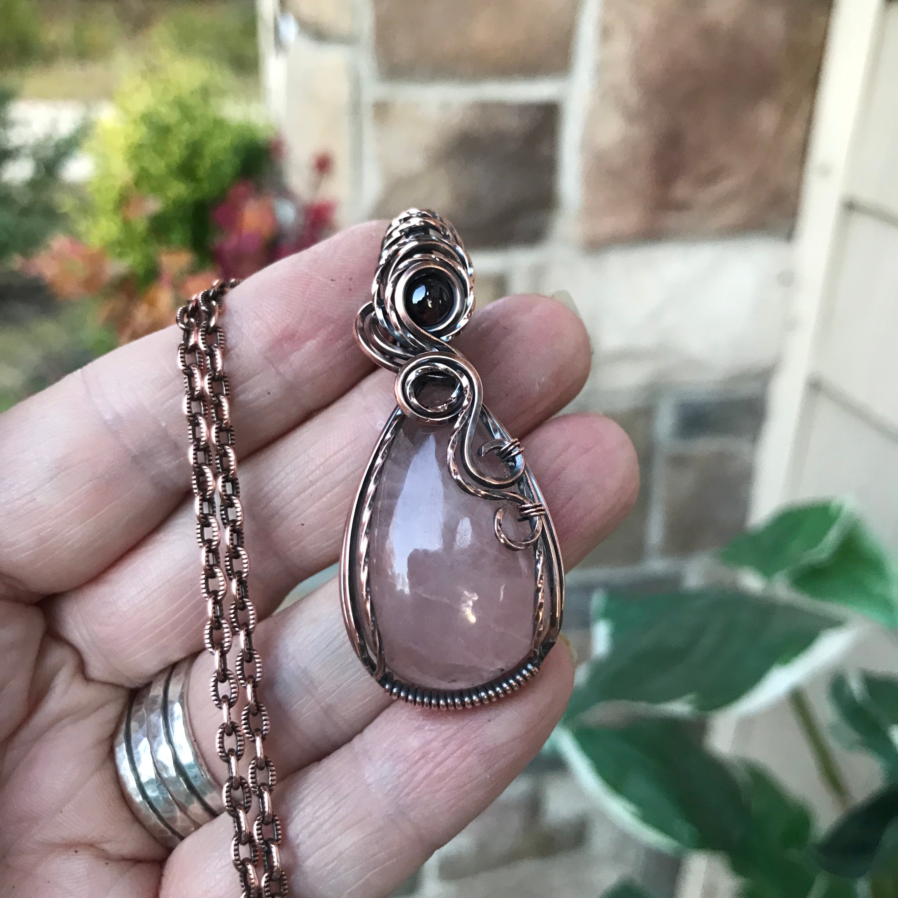 Rose Quartz & Garnet Copper Pendant