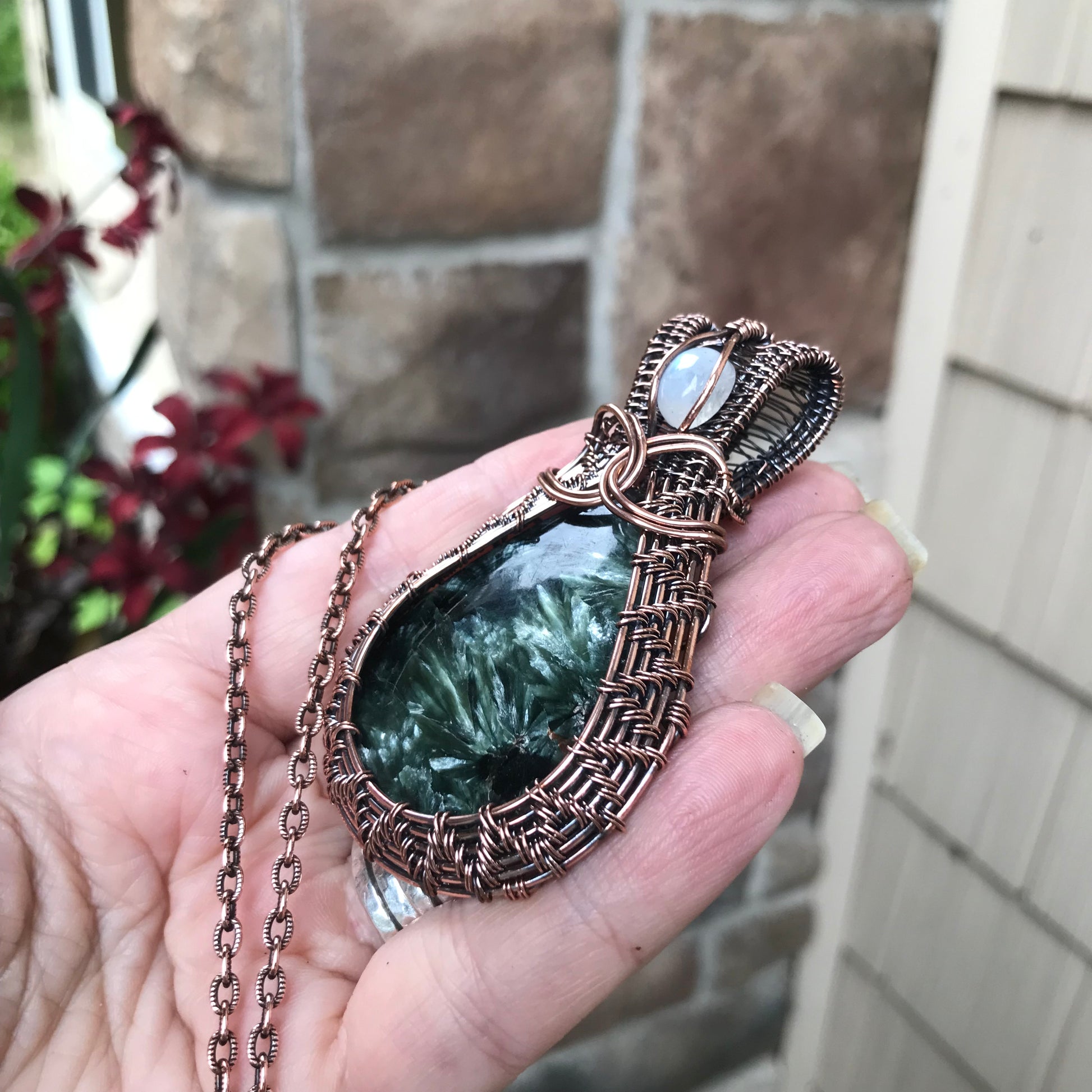 Seraphinite & Moonstone Woven Copper Pendant
