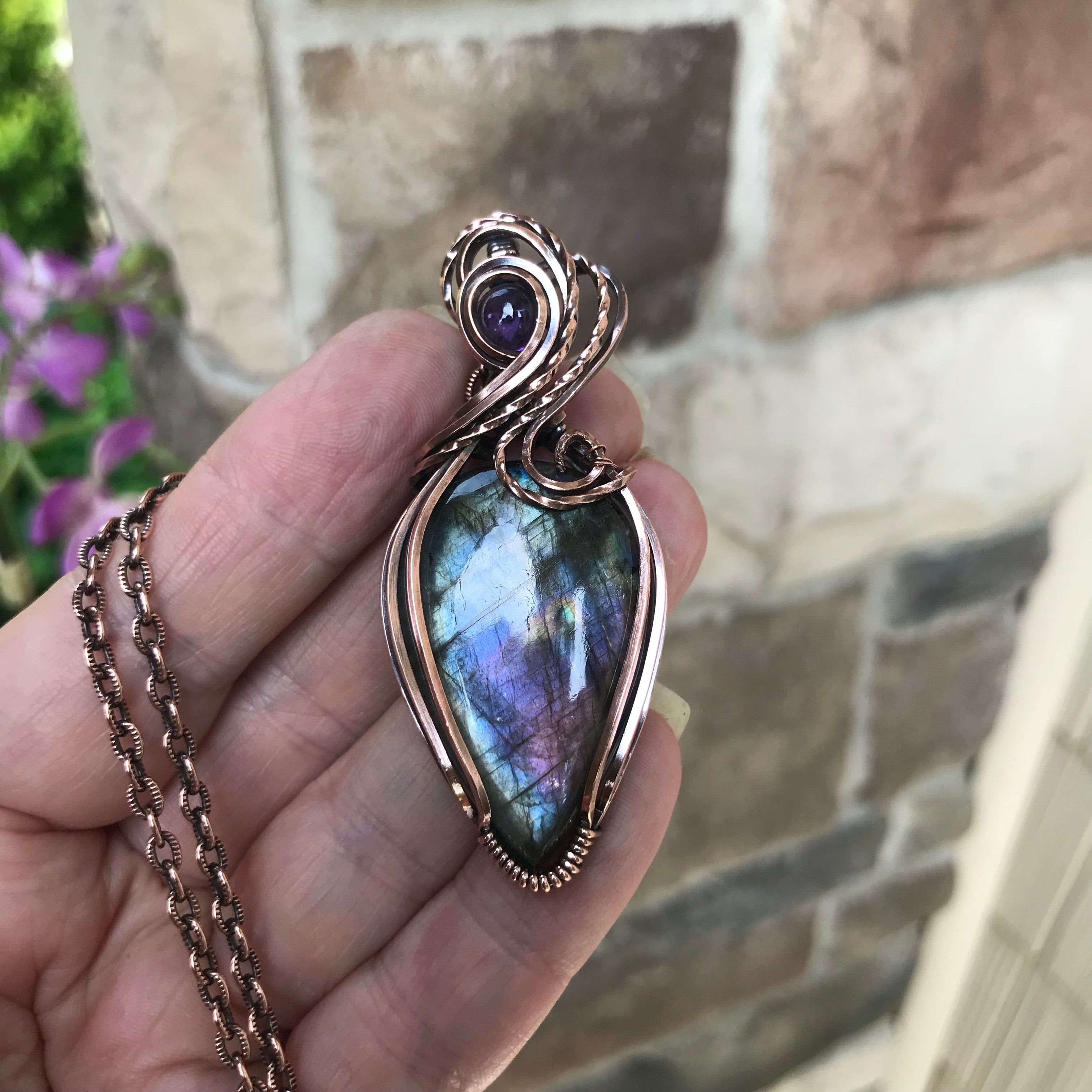 Blue Purple Labradorite & Amethyst Large Copper Pendant
