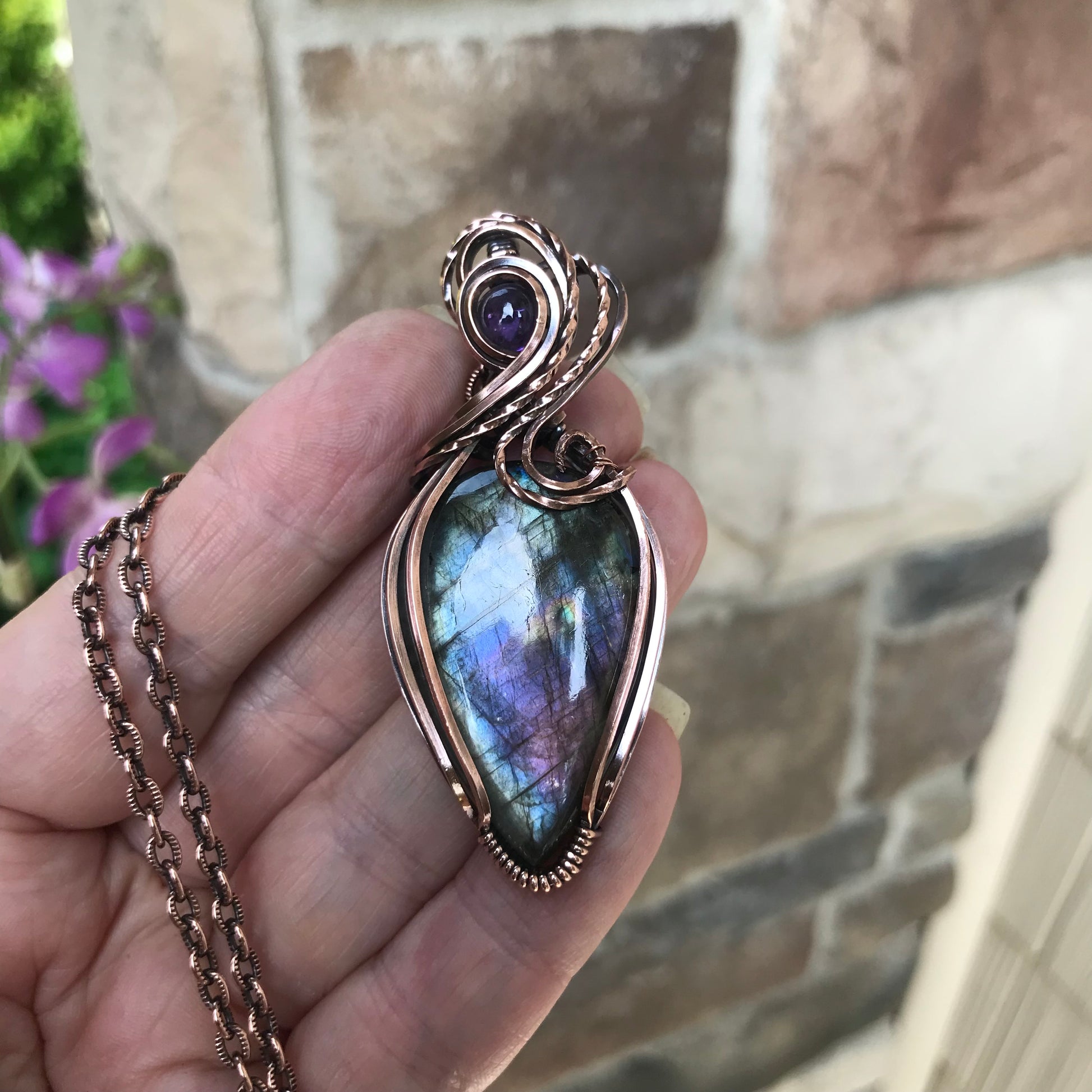 Blue Purple Labradorite & Amethyst Large Copper Pendant