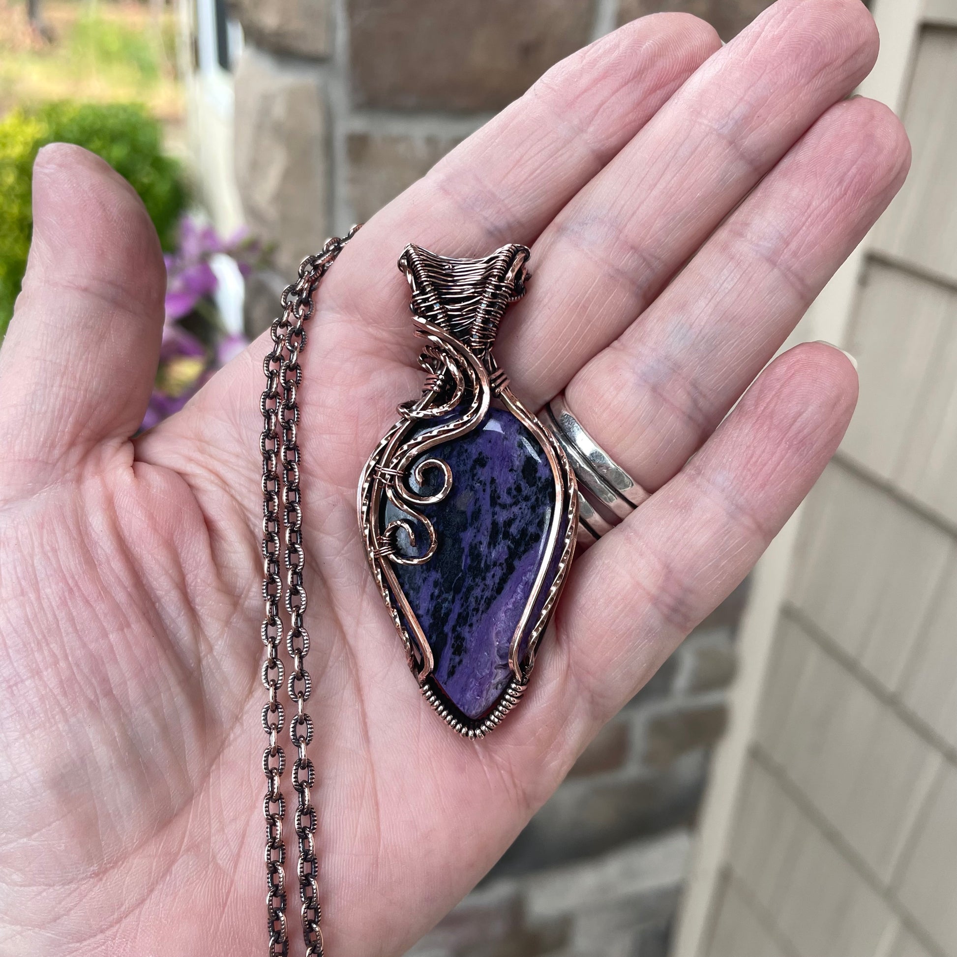 Charoite Swirly Copper Pendant with Woven Bail