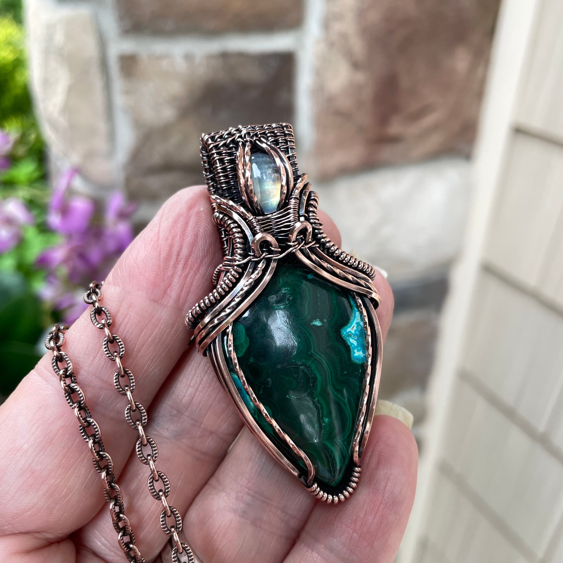 Malachite Chrysocolla & Moonstone Copper Pendant with Weaving