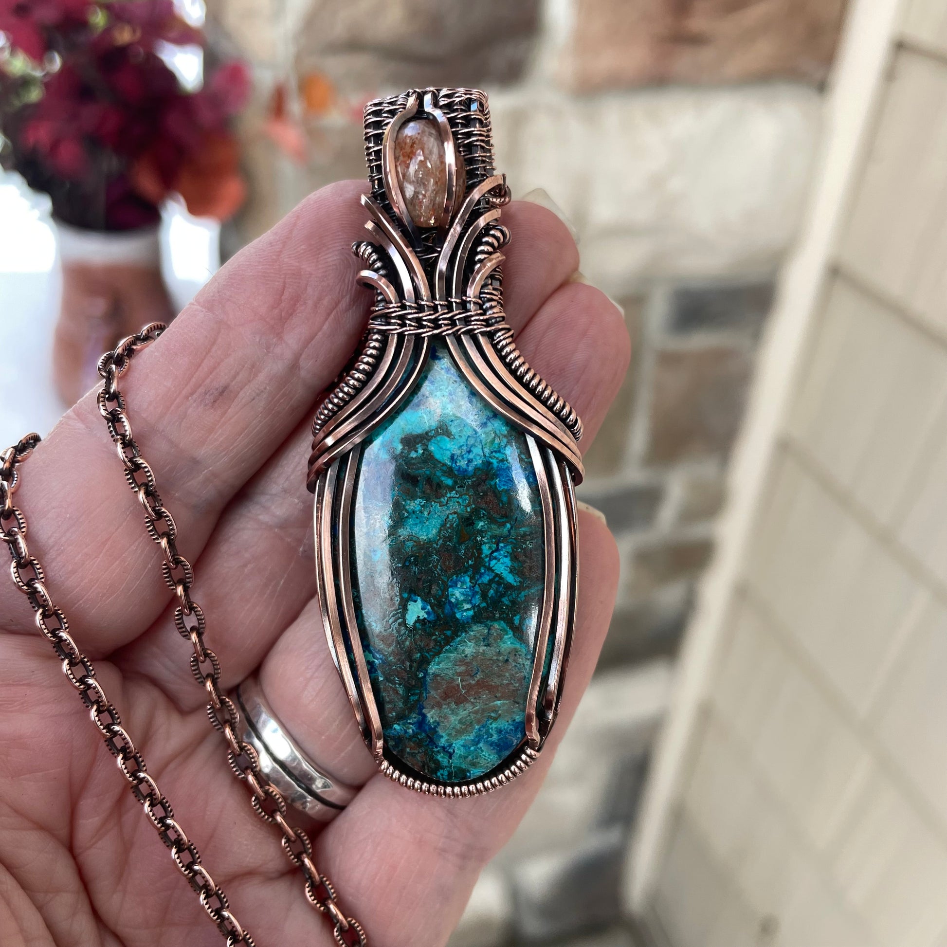 Shattuckite & Sunstone Oval Pendant with Weaving