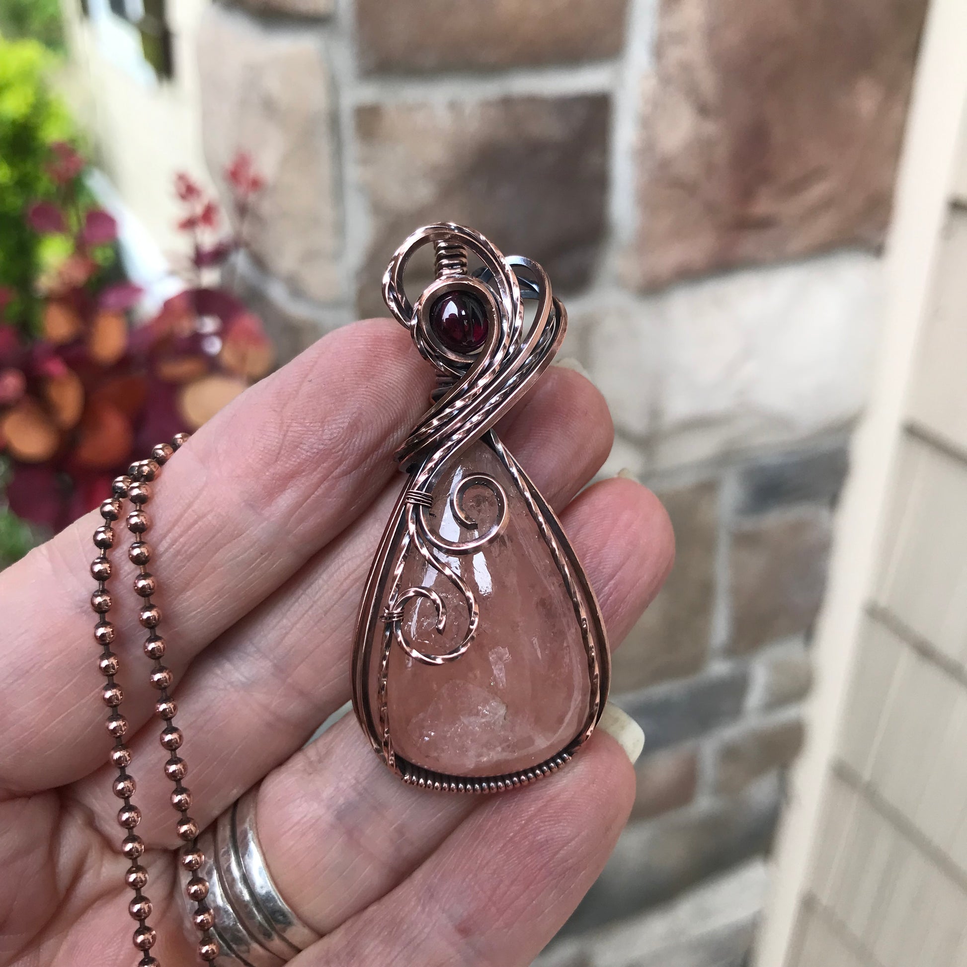 Morganite & Garnet Copper Swirly Necklace
