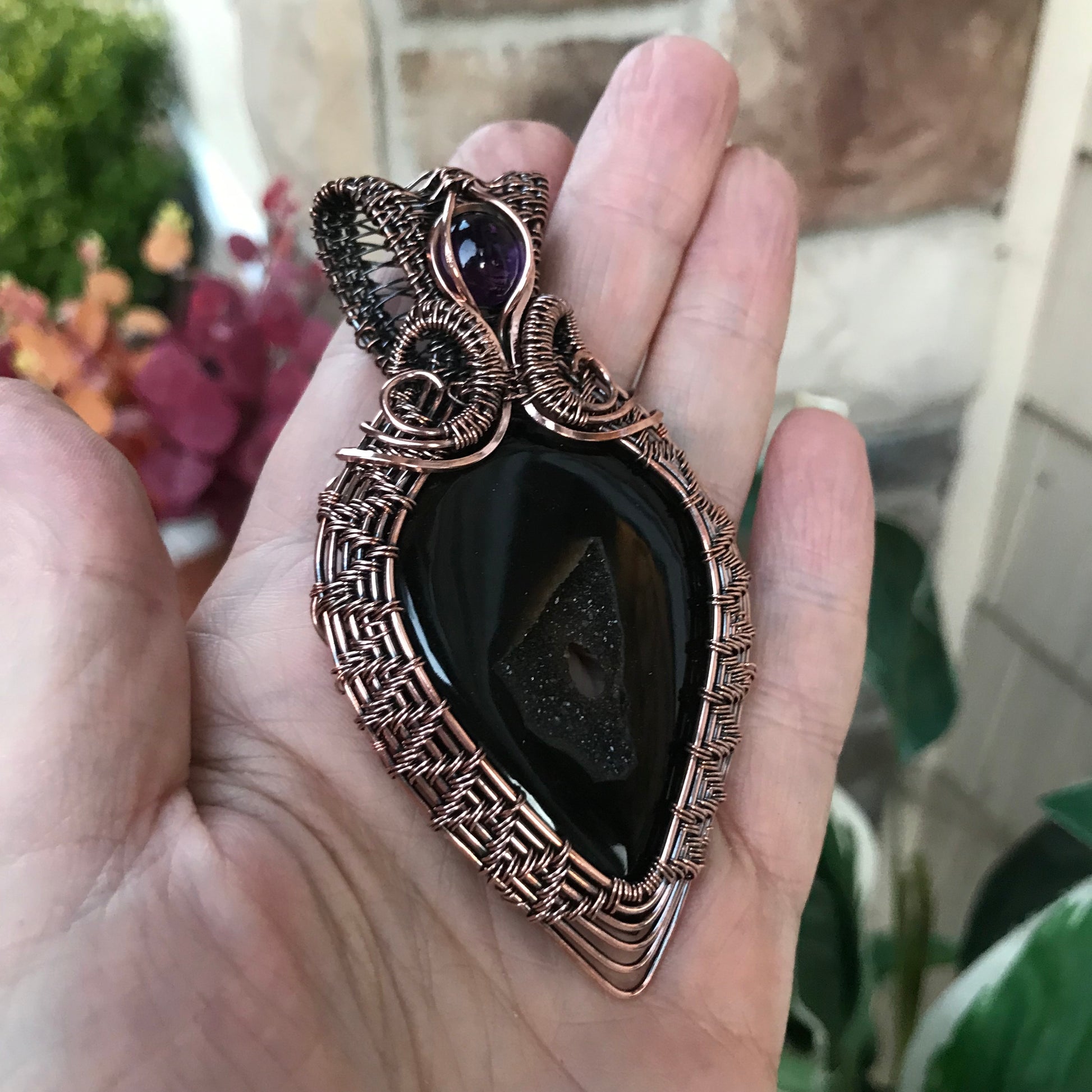 Onyx Druzy & Amethyst Woven Copper Necklace